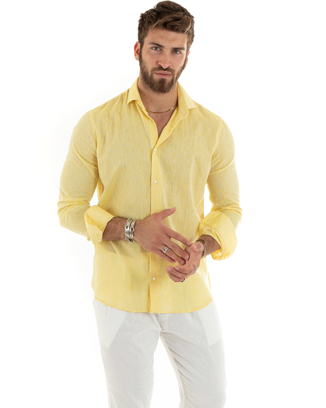 Camicia Uomo Con Colletto Francese Manica Lunga Lino Melangiata Sartoriale Giallo GIOSAL-C2681A