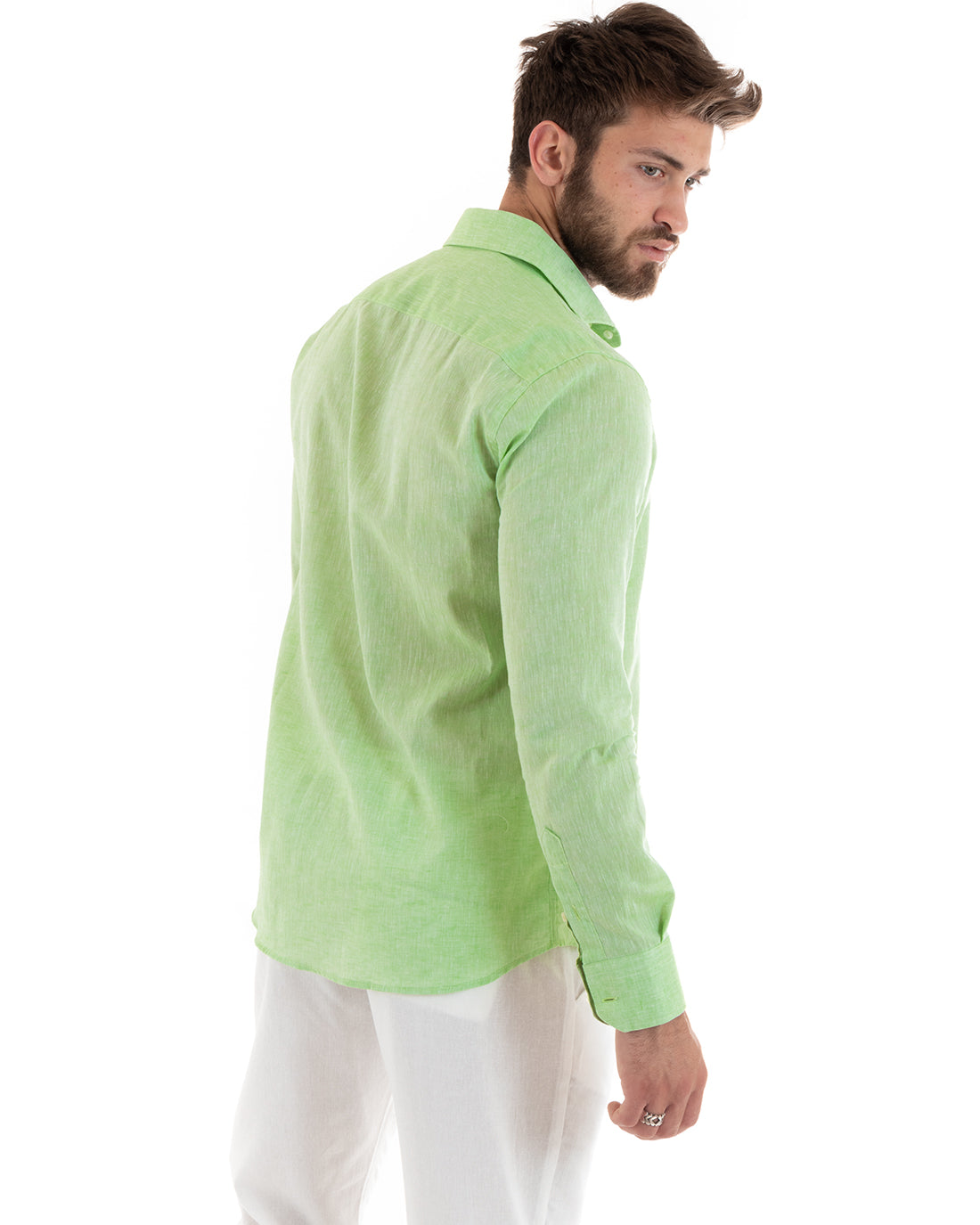 Camicia Uomo Lino Melangiata Colletto Francese Sartoriale Verde Pisello GIOSAL-C2683A