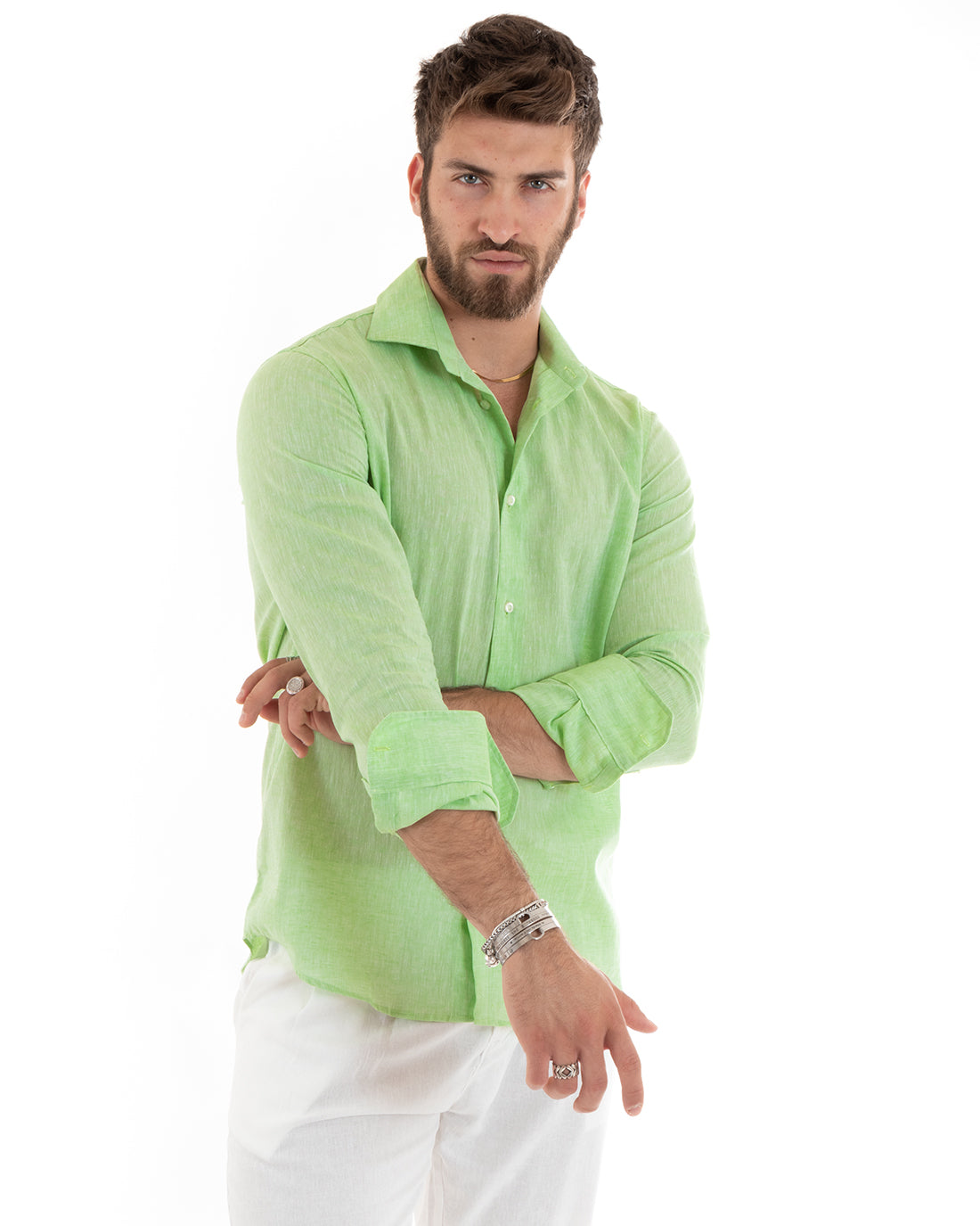 Camicia Uomo Con Colletto Francese Manica Lunga Lino Melangiata Sartoriale Verde Pisello GIOSAL-C2683A