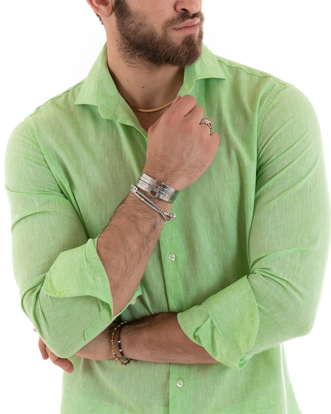 Camicia Uomo Lino Melangiata Colletto Francese Sartoriale Verde Pisello GIOSAL-C2683A