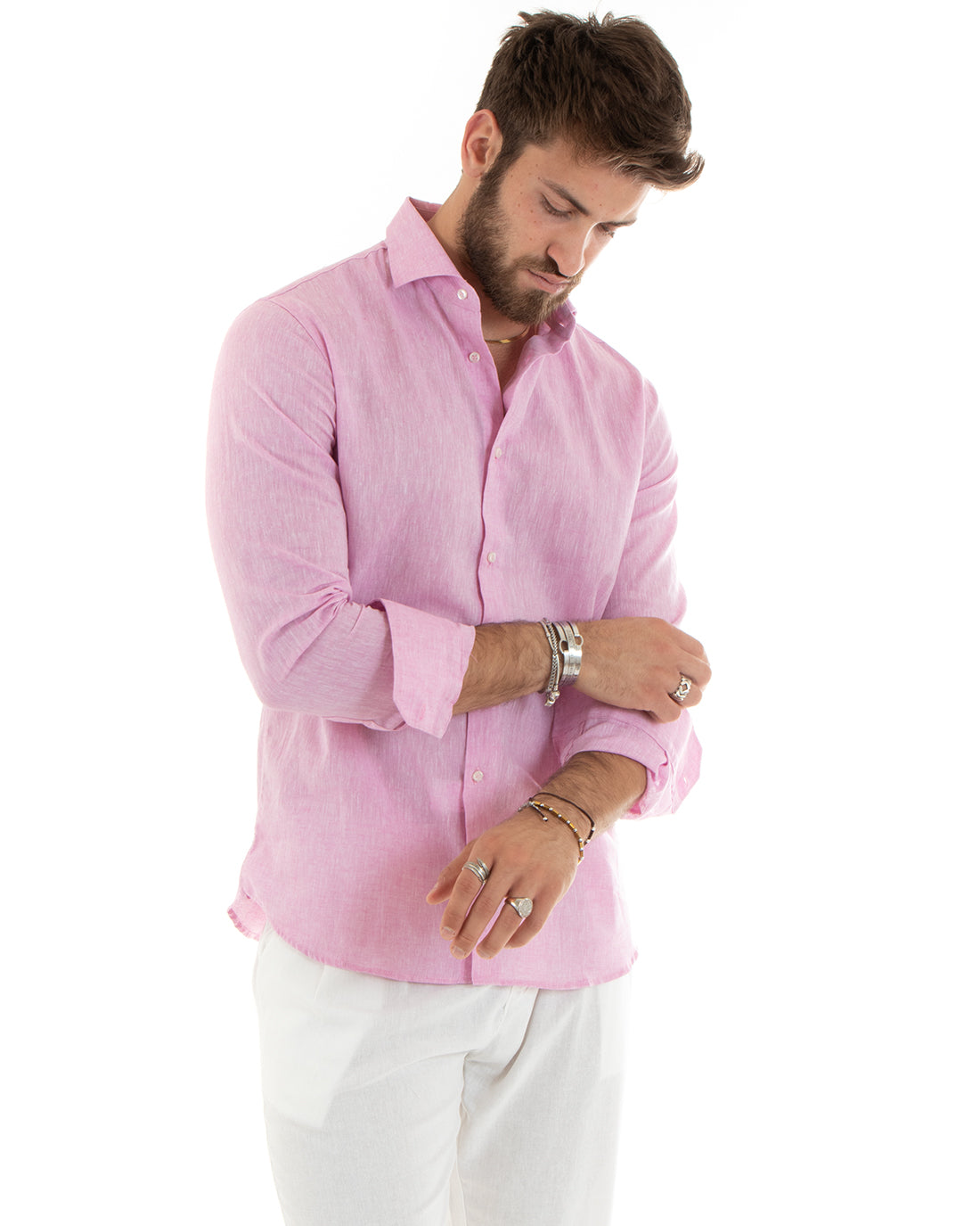 Camicia Uomo Lino Melangiata Colletto Francese Sartoriale Rosa GIOSAL-C2684A