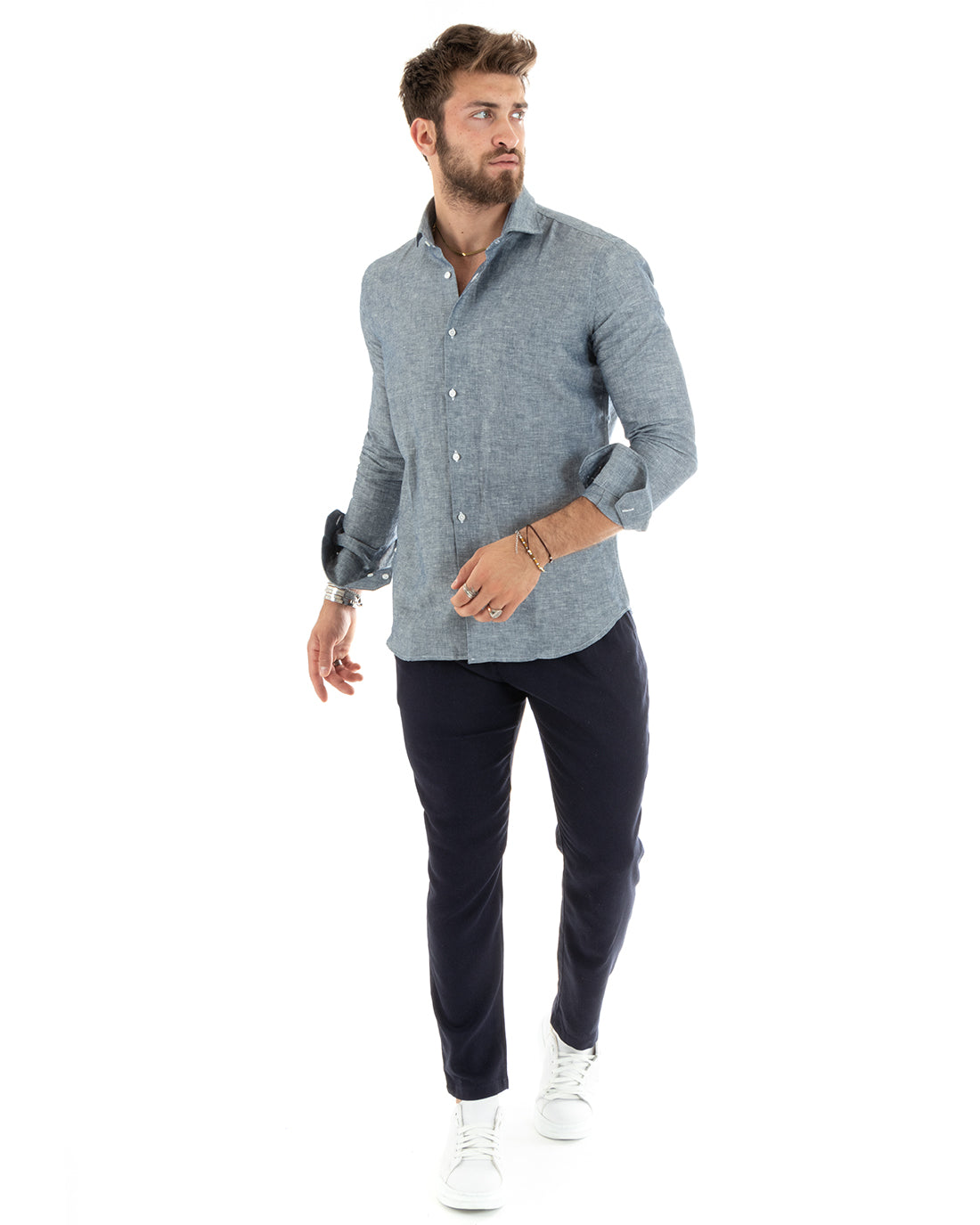 Camicia Uomo Con Colletto Francese Manica Lunga Lino Melangiata Sartoriale Blu GIOSAL-C2685A