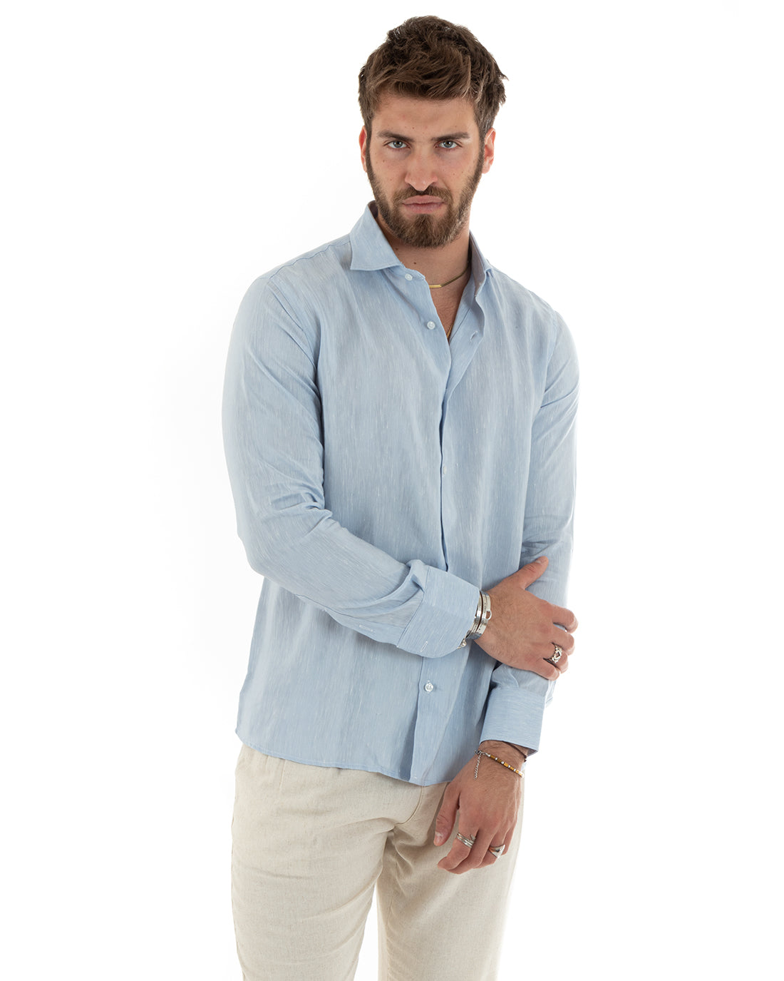 Camicia Uomo Lino Melangiata Colletto Francese Sartoriale Celeste GIOSAL-C2686A