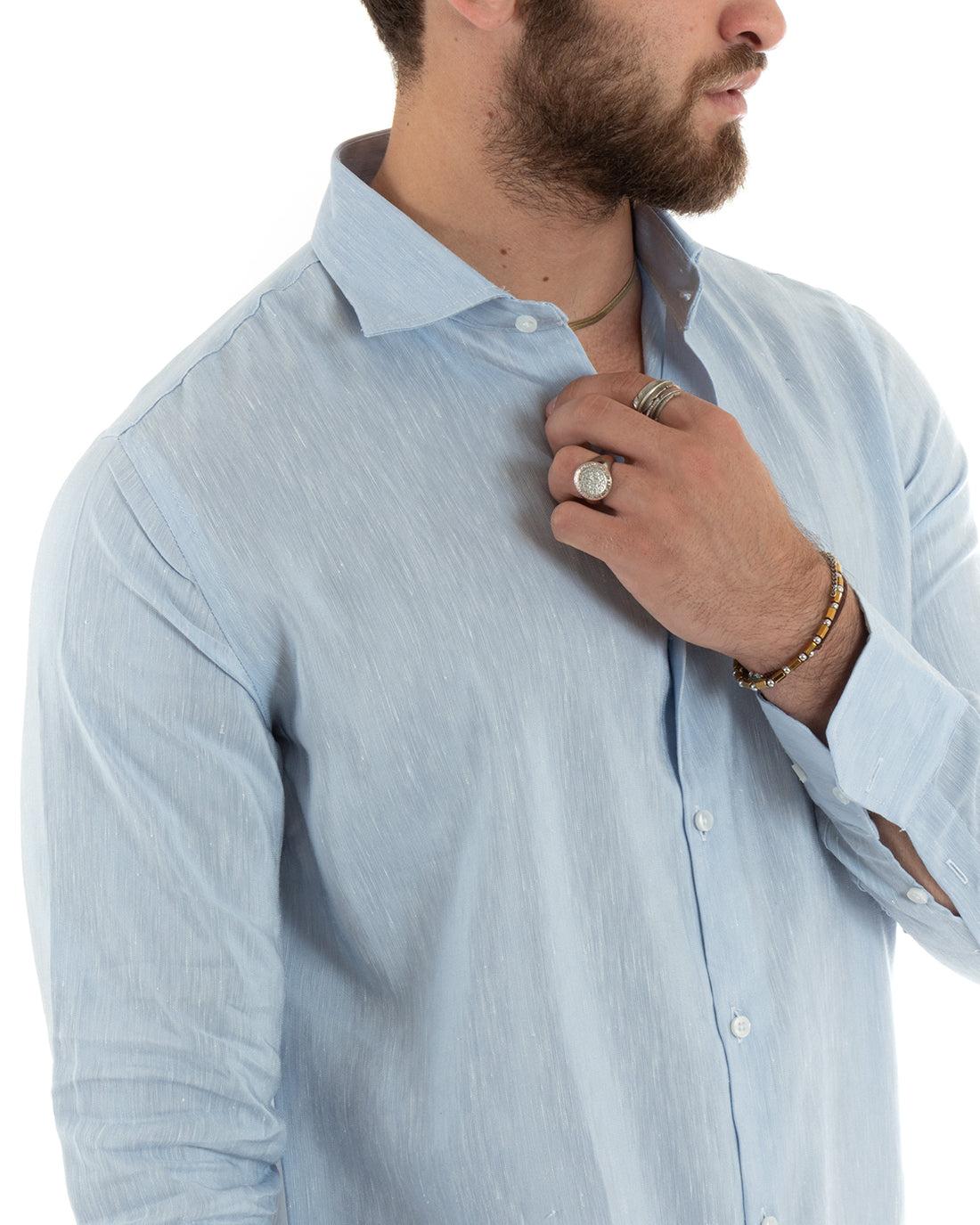 Camicia Uomo Lino Melangiata Colletto Francese Sartoriale Celeste GIOSAL-C2686A