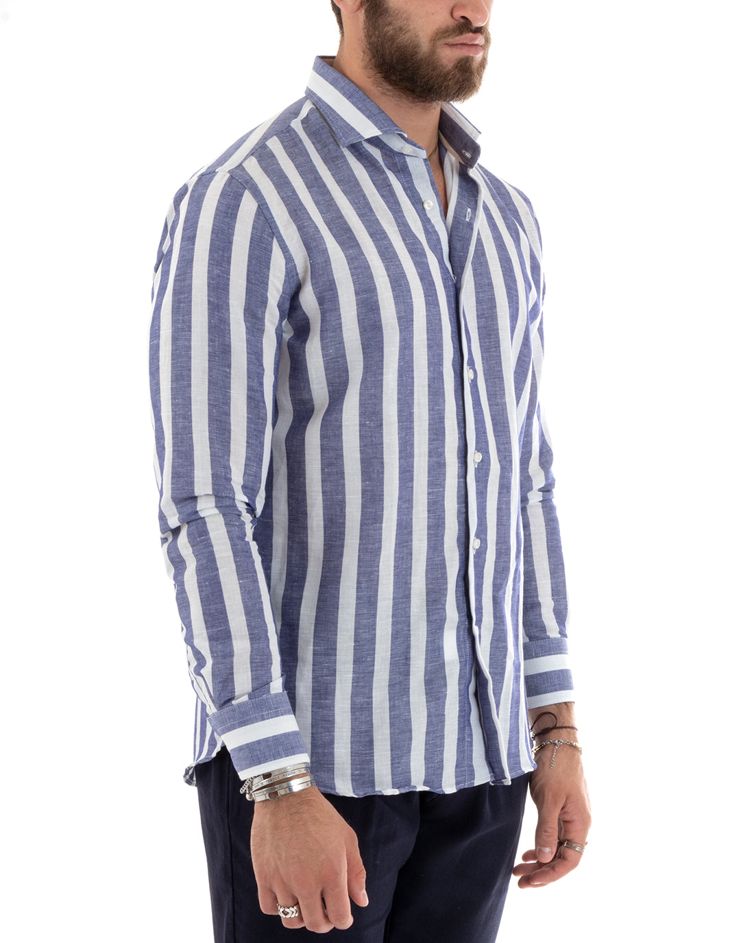 Camicia Uomo Con Colletto Francese Sartoriale Manica Lunga Lino Rigata Blu GIOSAL-C2687A