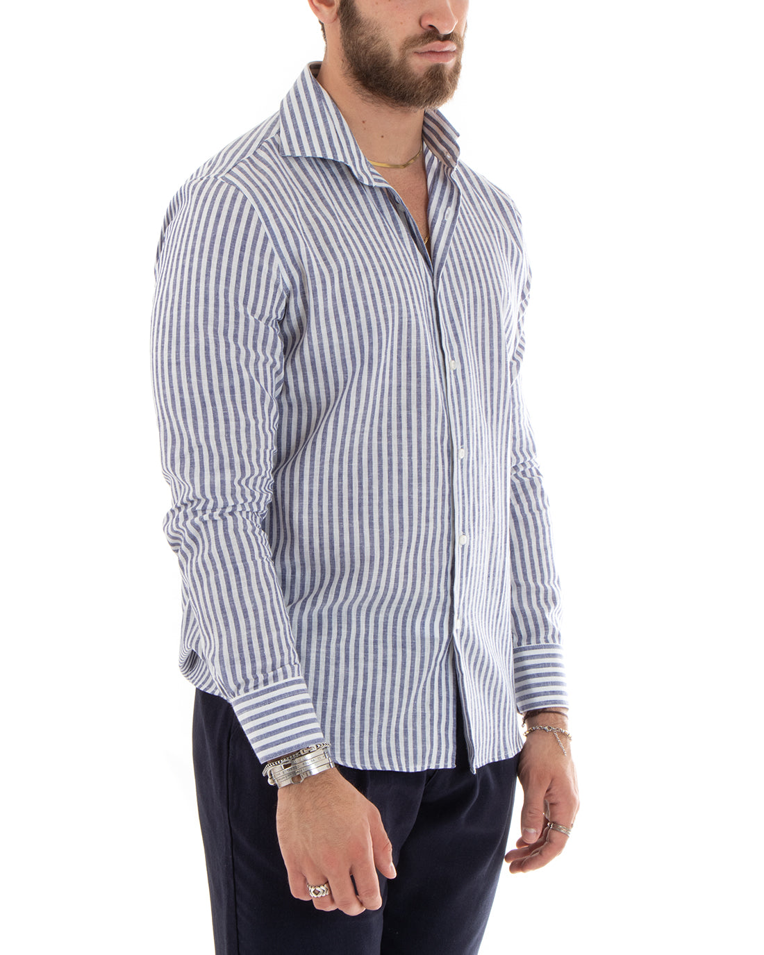 Camicia Uomo Con Colletto Francese Sartoriale Maniche Lunghe Lino Rigata Stretta Blu GIOSAL-C2688A