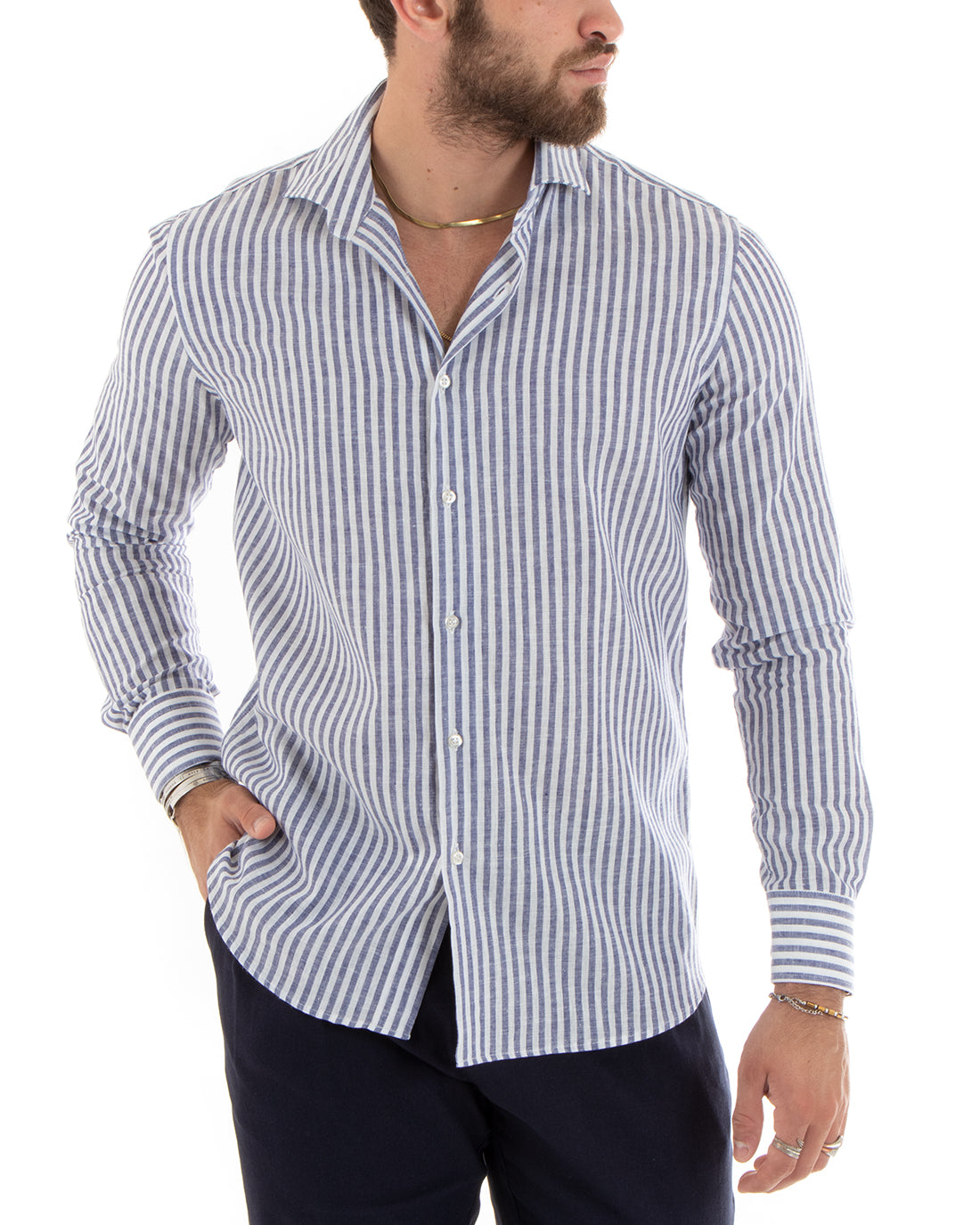 Camicia Uomo Con Colletto Francese Sartoriale Maniche Lunghe Lino Rigata Stretta Blu GIOSAL-C2688A