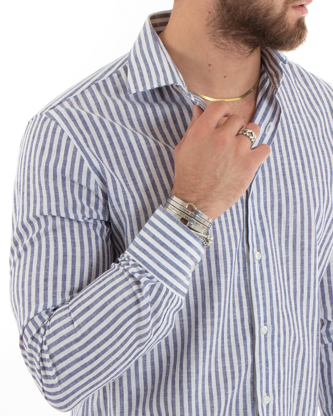 Camicia Uomo Con Colletto Francese Sartoriale Maniche Lunghe Lino Rigata Stretta Blu GIOSAL-C2688A