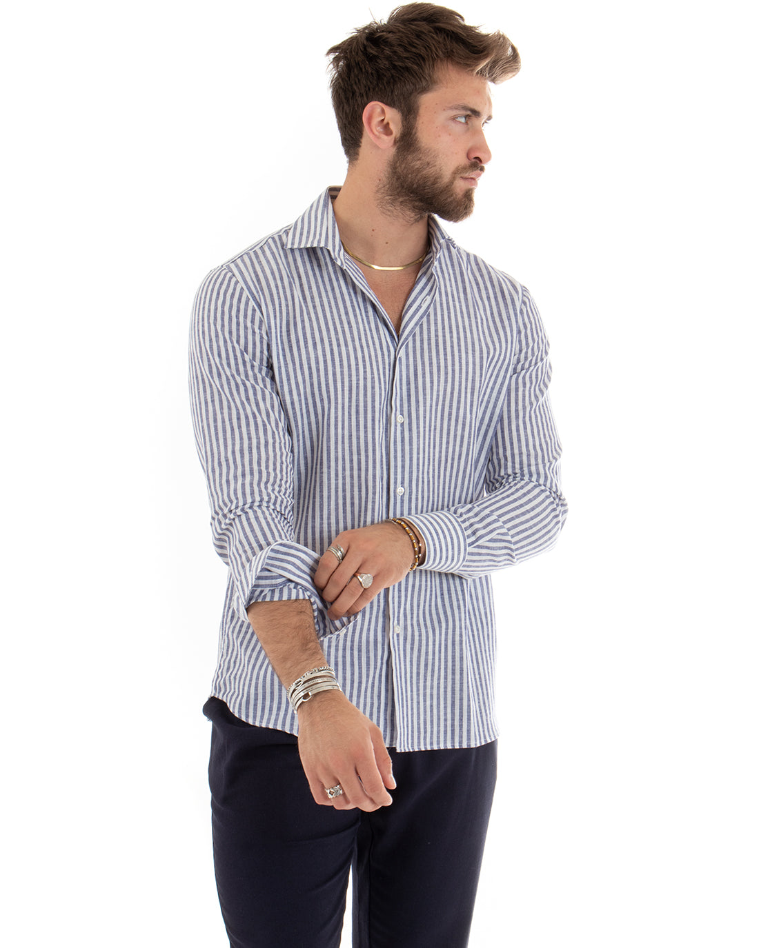 Camicia Uomo Con Colletto Francese Sartoriale Maniche Lunghe Lino Rigata Stretta Blu GIOSAL-C2688A