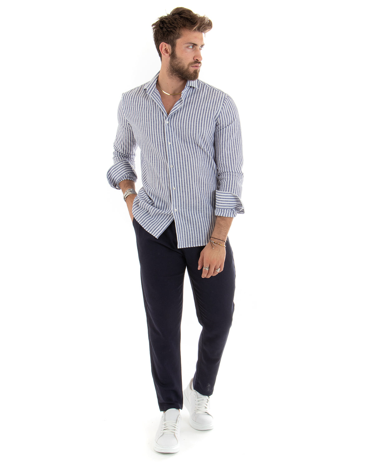 Camicia Uomo Con Colletto Francese Sartoriale Maniche Lunghe Lino Rigata Stretta Blu GIOSAL-C2688A