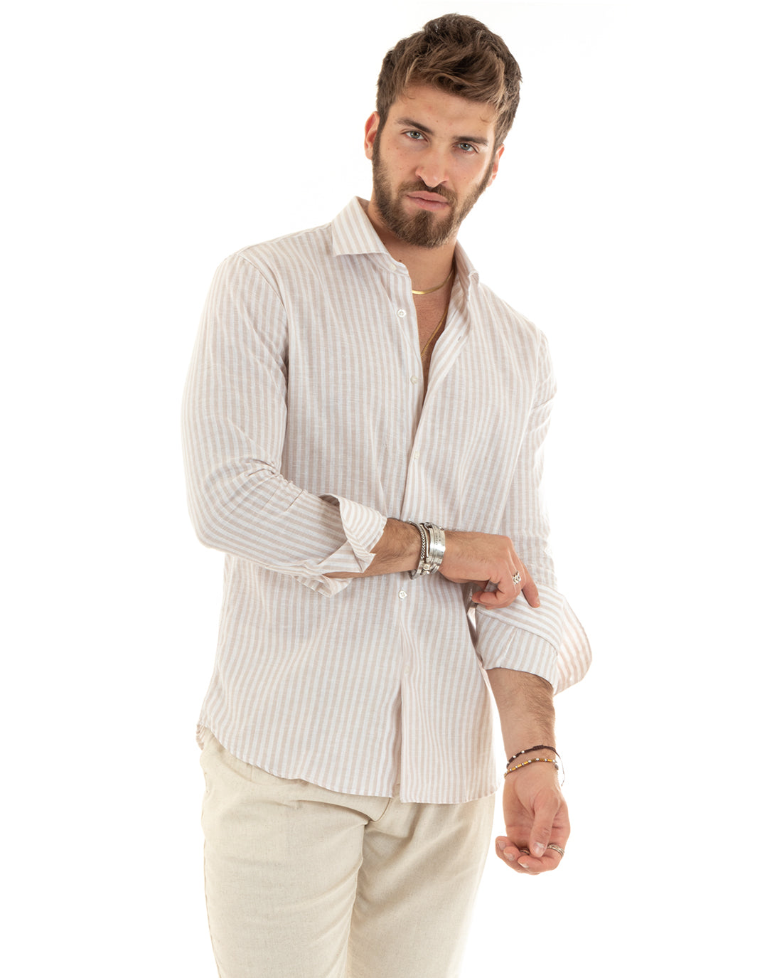 Camicia Uomo Con Colletto Francese Sartoriale Maniche Lunghe Lino Rigata Stretta Beige GIOSAL-C2689A