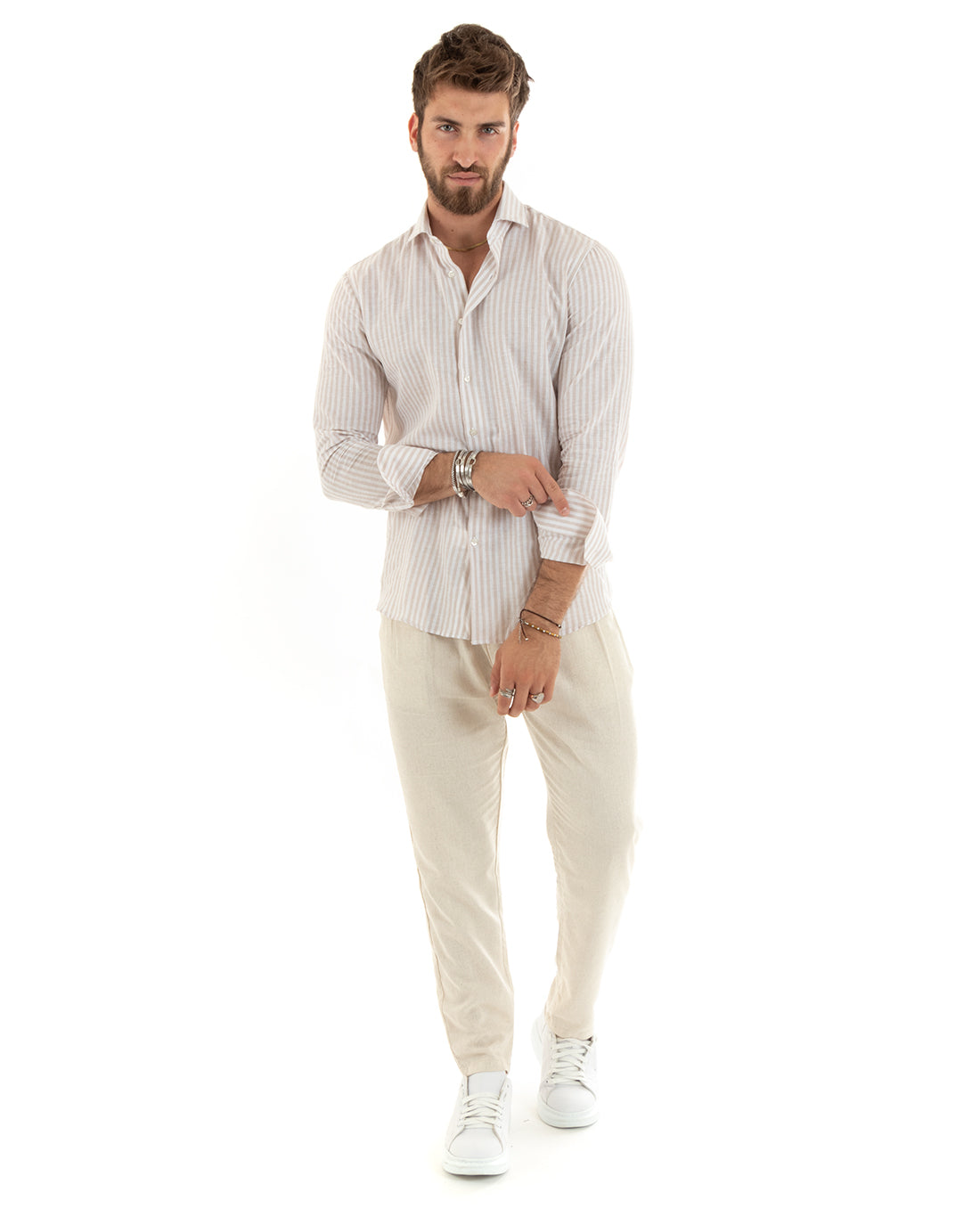 Camicia Uomo Con Colletto Francese Sartoriale Maniche Lunghe Lino Rigata Stretta Beige GIOSAL-C2689A