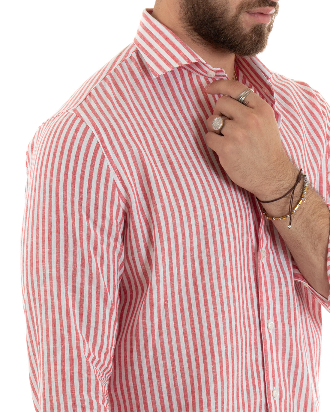 Camicia Uomo Con Colletto Francese Sartoriale Maniche Lunghe Lino Rigata Stretta Rosso GIOSAL-C2690A