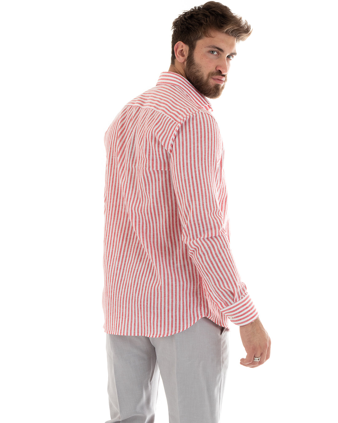 Camicia Uomo Con Colletto Francese Sartoriale Manica Lunga Lino Rigata Stretta Rosso GIOSAL-C2690A