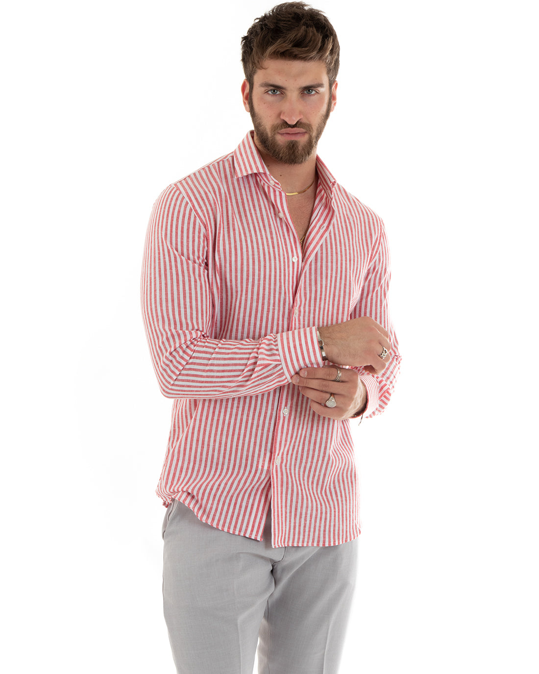 Camicia Uomo Con Colletto Francese Sartoriale Maniche Lunghe Lino Rigata Stretta Rosso GIOSAL-C2690A