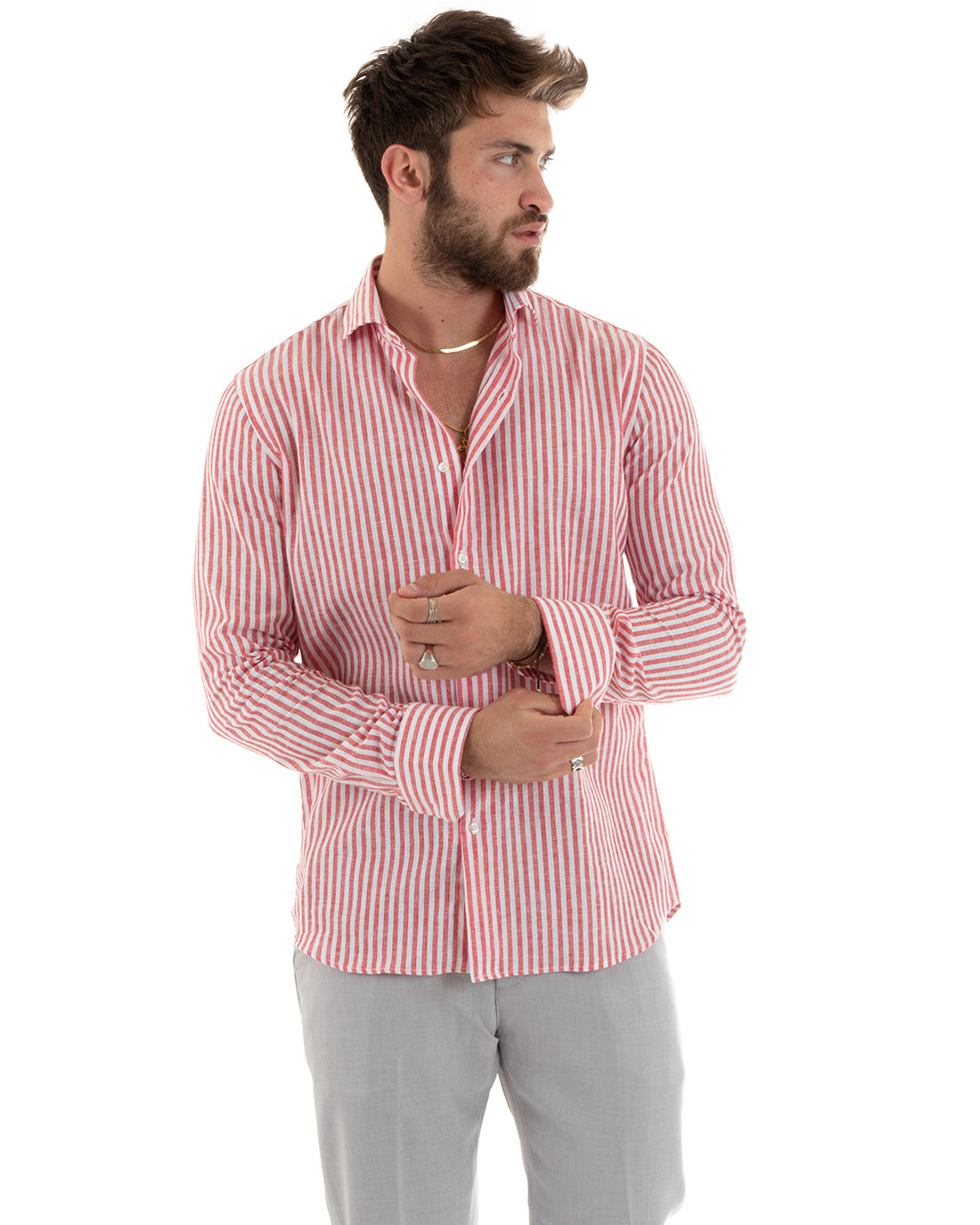 Camicia Uomo Con Colletto Francese Sartoriale Maniche Lunghe Lino Rigata Stretta Rosso GIOSAL-C2690A