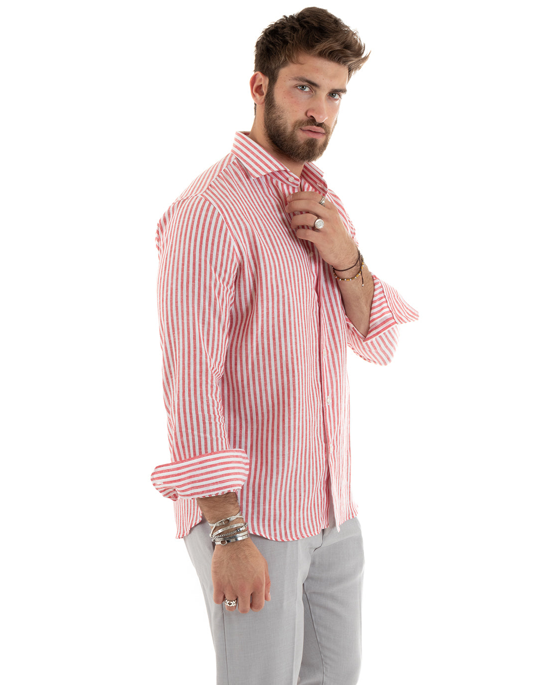 Camicia Uomo Con Colletto Francese Sartoriale Manica Lunga Lino Rigata Stretta Rosso GIOSAL-C2690A