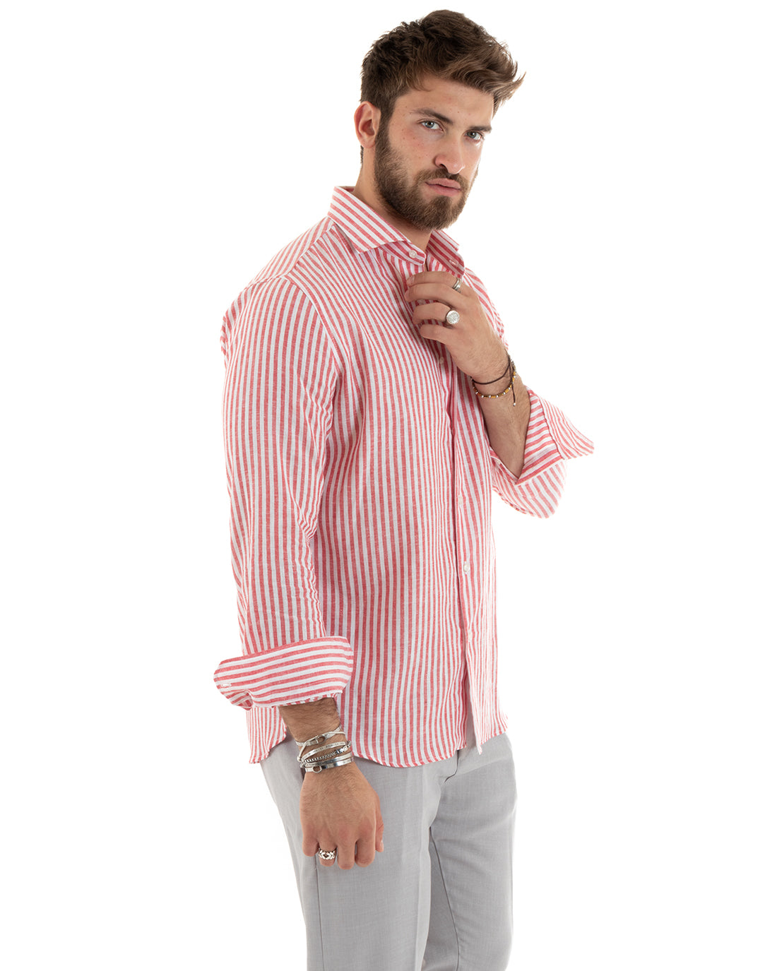Camicia Uomo Con Colletto Francese Sartoriale Maniche Lunghe Lino Rigata Stretta Rosso GIOSAL-C2690A