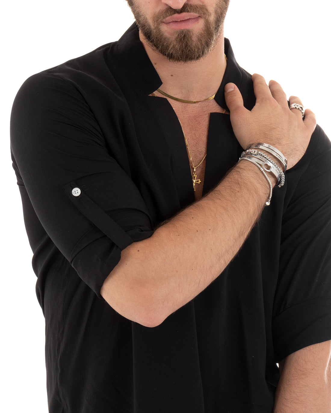 Camicia Uomo Collo V Maniche Lunghe Viscosa Morbida Leggera Nero GIOSAL-C2694A