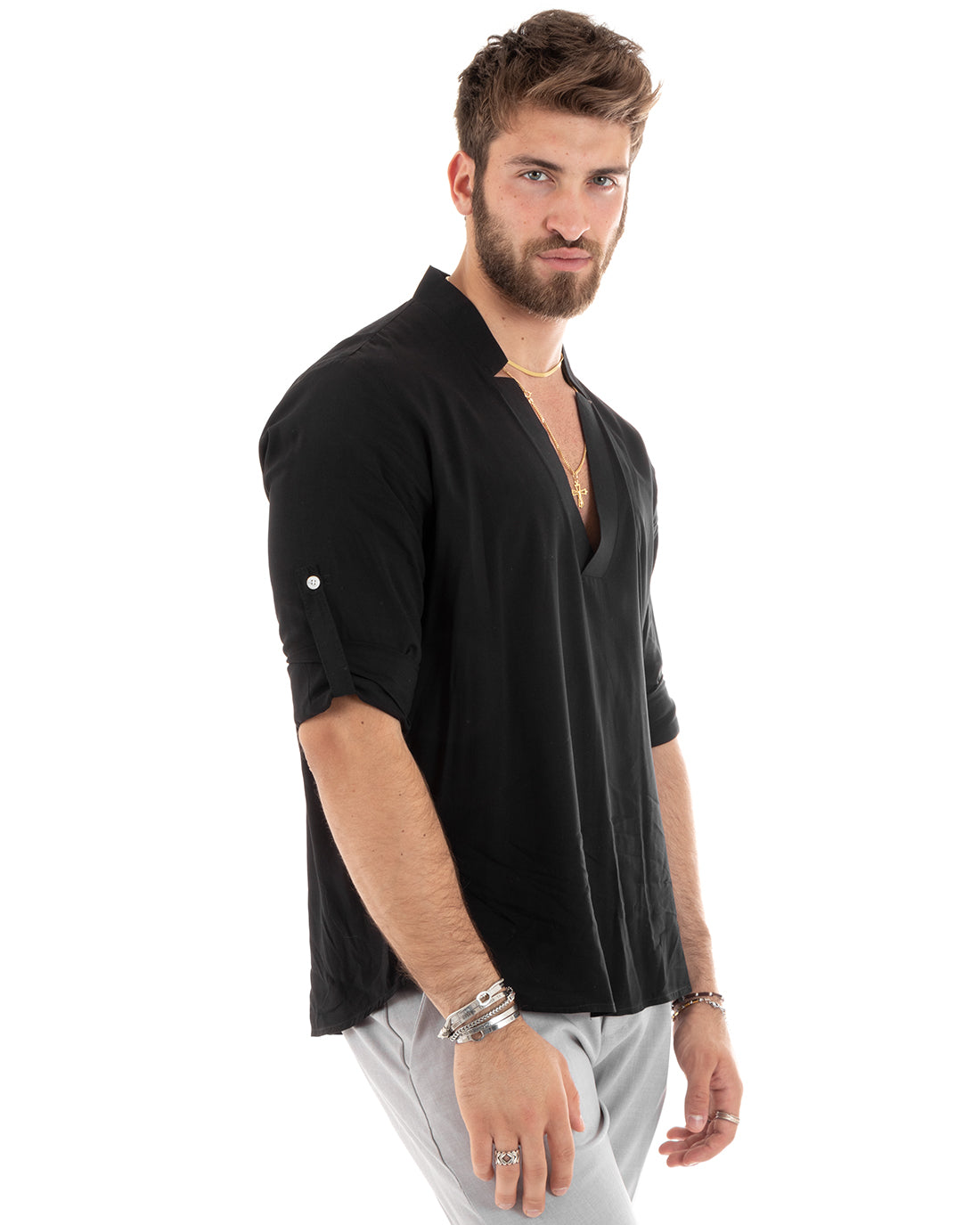 Camicia Uomo Collo V Maniche Lunghe Viscosa Morbida Leggera Nero GIOSAL-C2694A