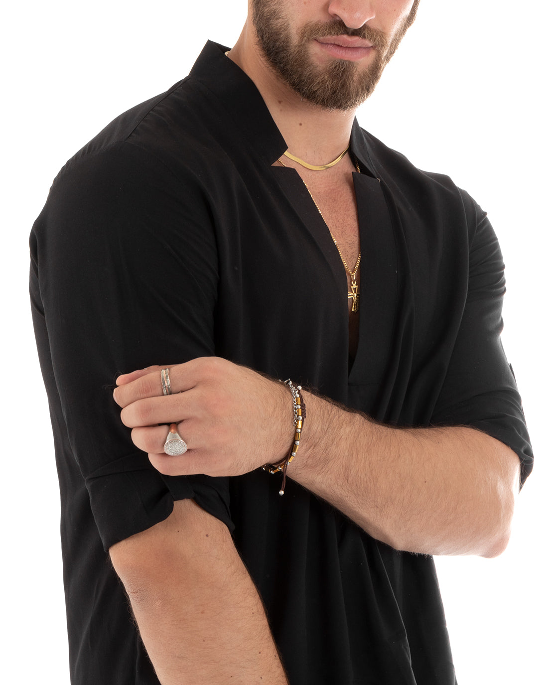 Camicia Uomo Collo V Maniche Lunghe Viscosa Morbida Leggera Nero GIOSAL-C2694A