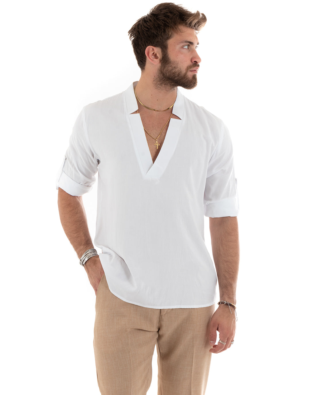 Camicia Uomo Collo V Maniche Lunghe Viscosa Morbida Leggera Bianco GIOSAL-C2695A