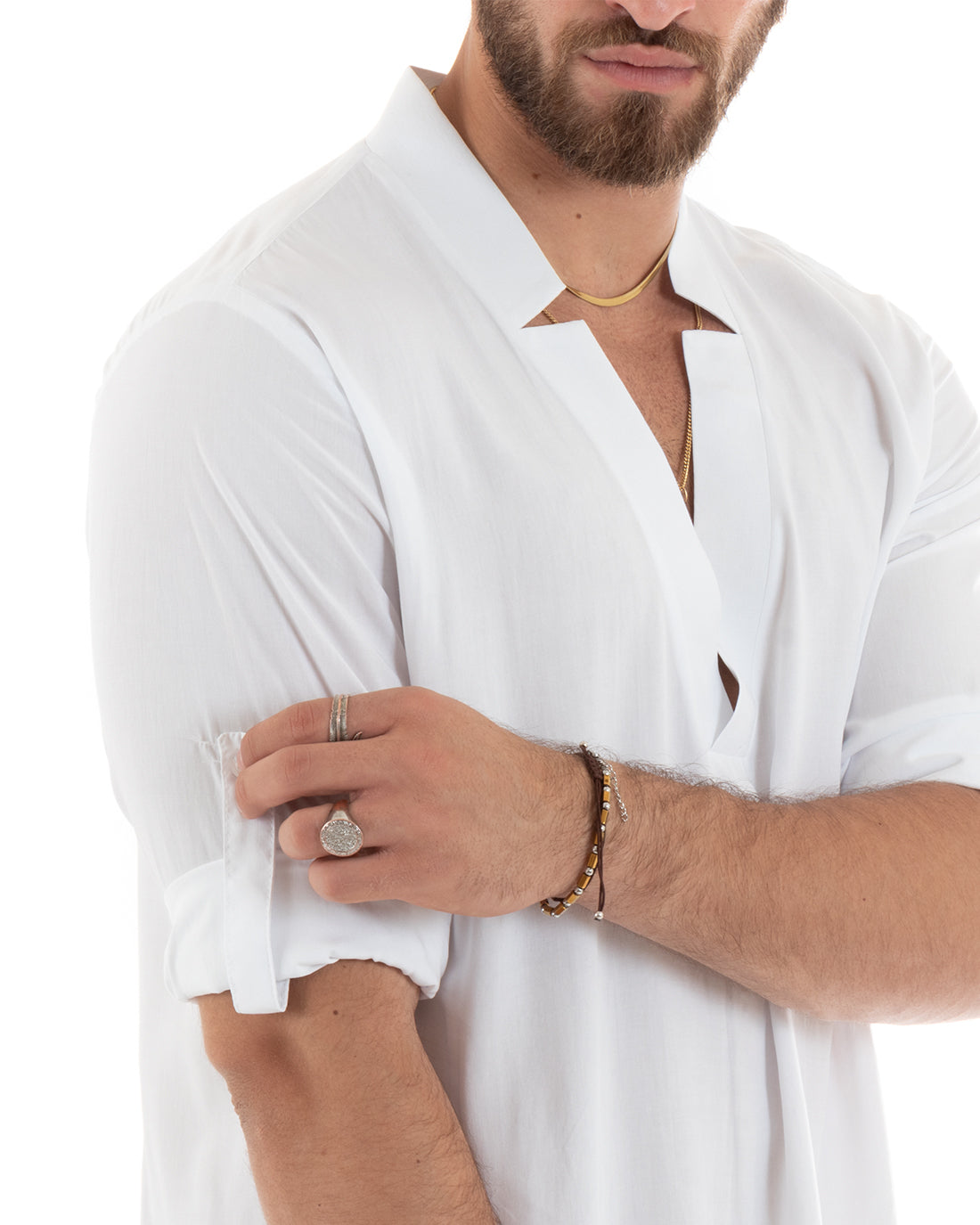 Camicia Uomo Collo V Maniche Lunghe Viscosa Morbida Leggera Bianco GIOSAL-C2695A