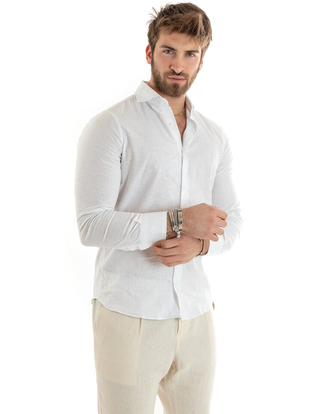 Camicia Uomo Lino Collo Francese Casual Sartoriale Tinta Unita Bianco GIOSAL-C2711A