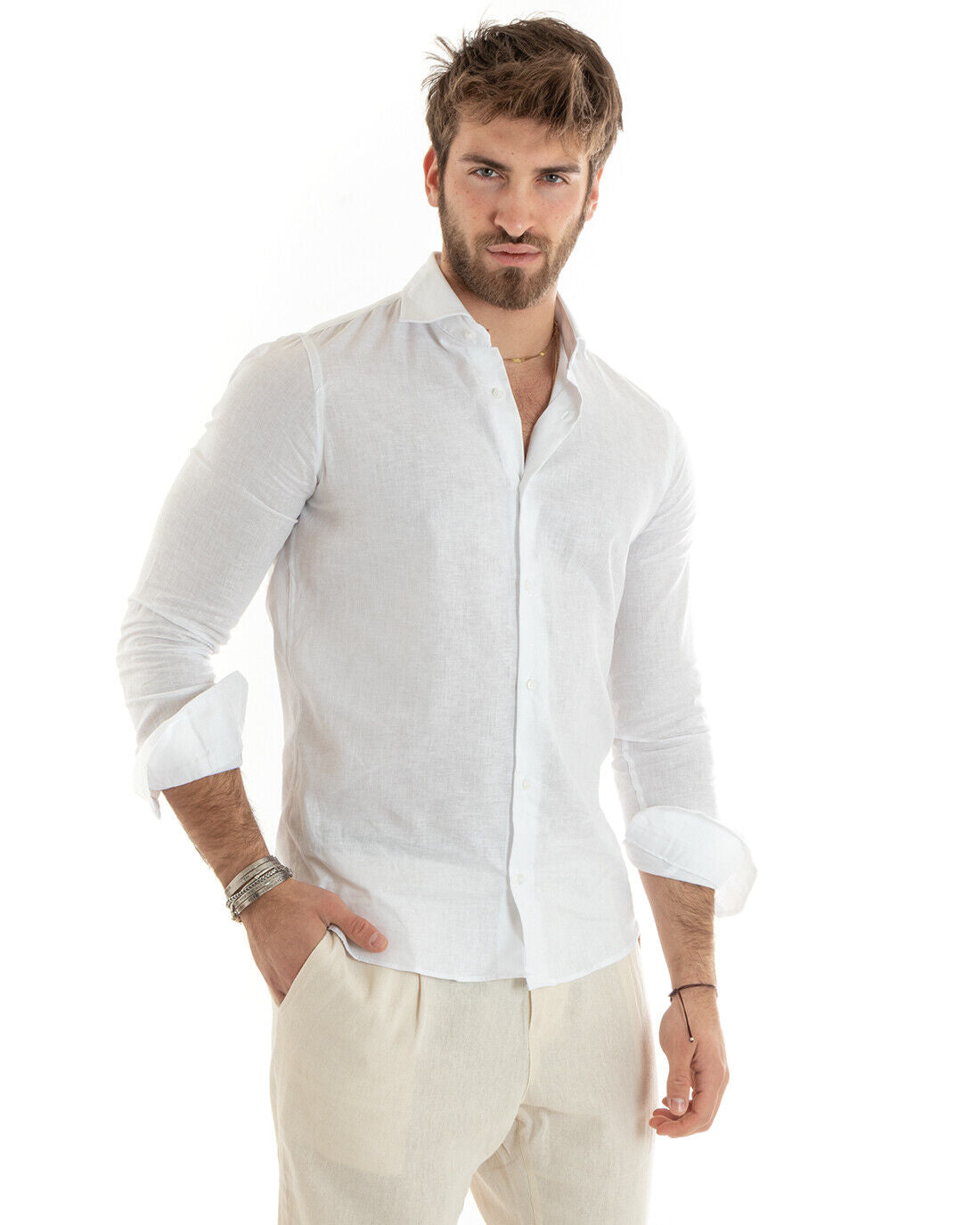 Camicia Uomo Lino Collo Francese Casual Sartoriale Tinta Unita Bianco GIOSAL-C2711A