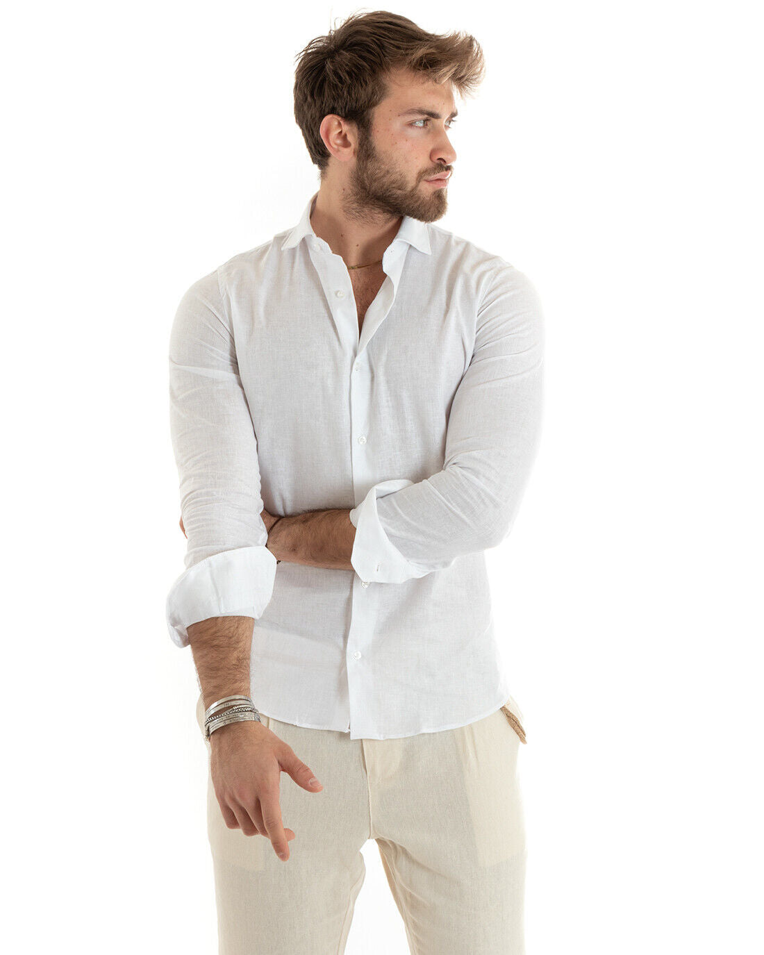 Camicia Uomo Lino Collo Francese Casual Sartoriale Tinta Unita Bianco GIOSAL-C2711A