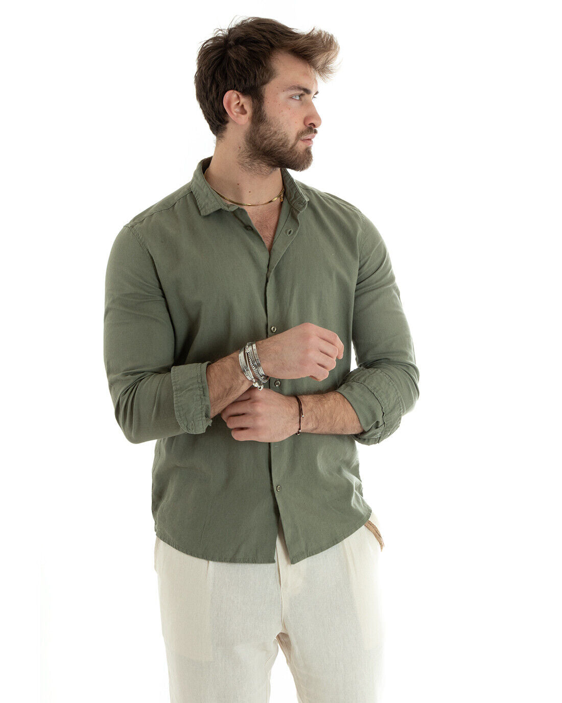 Camicia Uomo Con Colletto Tinta Unita Verde Lino Manica Lunga Casual Sartoriale GIOSAL-C2713A