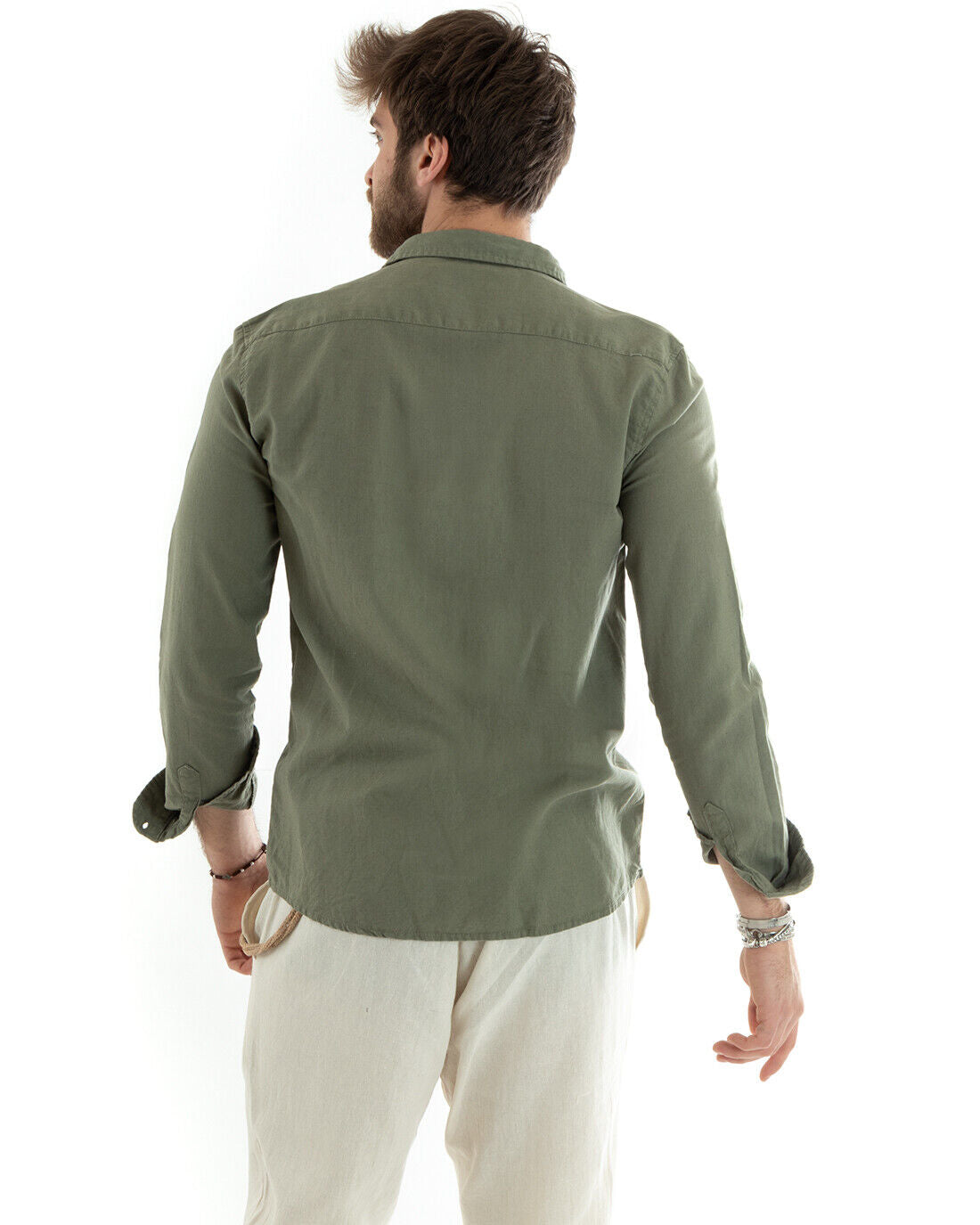 Camicia Uomo Lino Collo Francese Casual Sartoriale Tinta Unita Verde Militare GIOSAL-C2713A