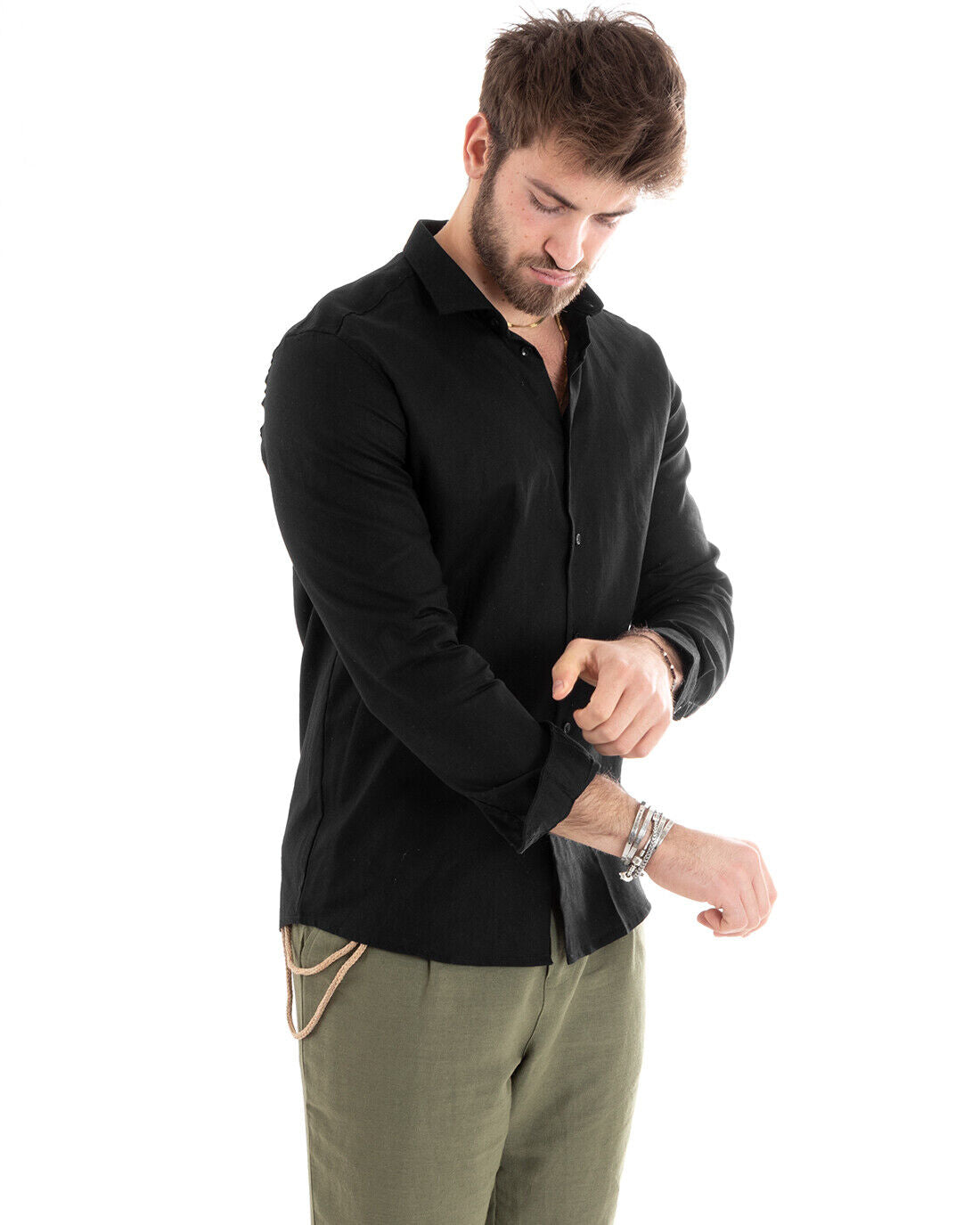 Camicia Uomo Lino Collo Francese Casual Sartoriale Tinta Unita Nero GIOSAL-C2715A