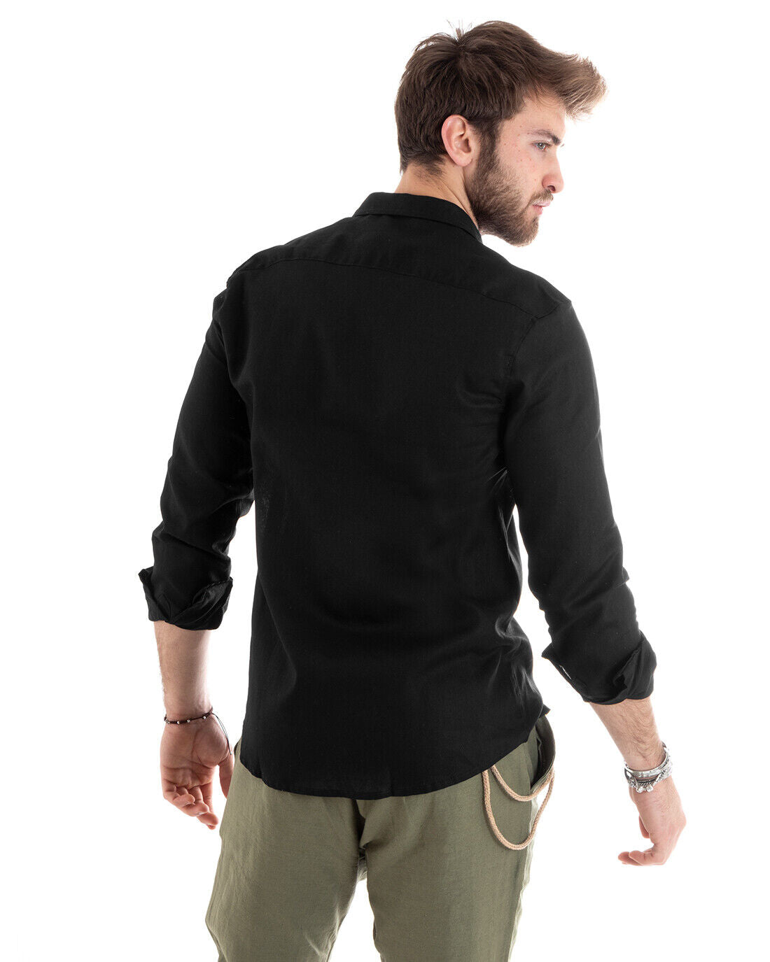 Camicia Uomo Lino Collo Francese Casual Sartoriale Tinta Unita Nero GIOSAL-C2715A