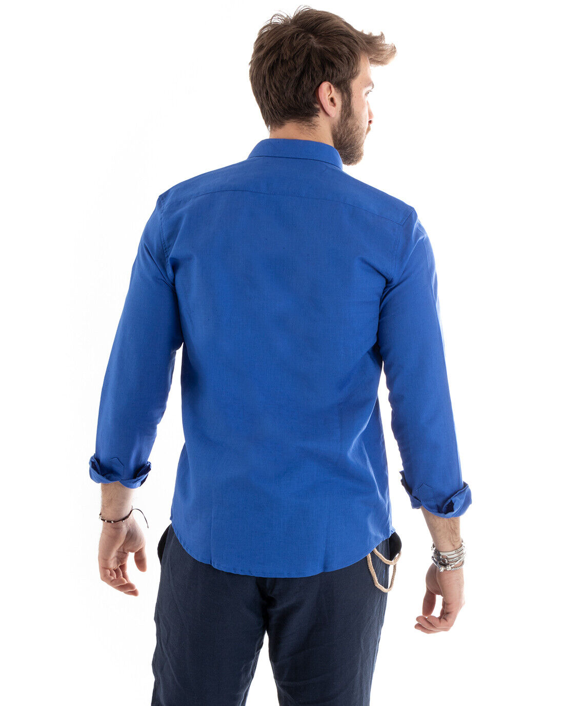 Camicia Uomo Lino Collo Francese Casual Sartoriale Tinta Unita Blu Royal GIOSAL-C2717A
