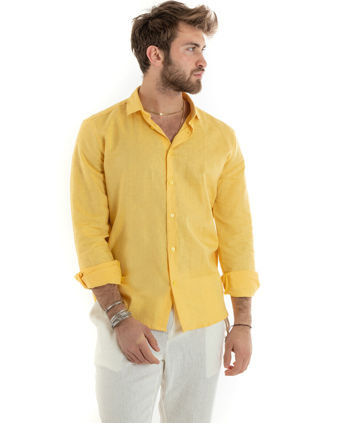 Camicia Uomo Lino Collo Francese Casual Sartoriale Tinta Unita Giallo GIOSAL-C2723A