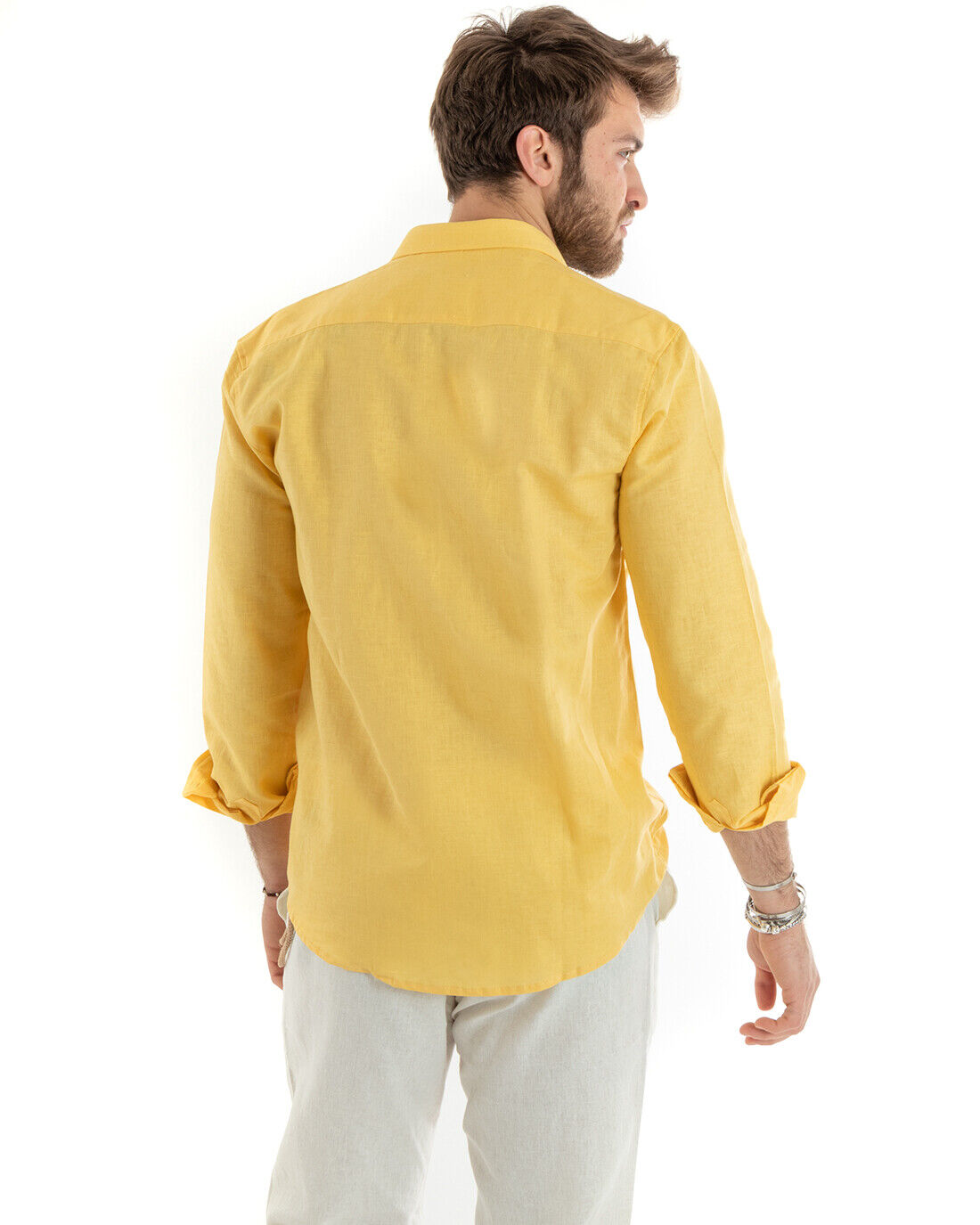 Camicia Uomo Lino Collo Francese Casual Sartoriale Tinta Unita Giallo GIOSAL-C2723A