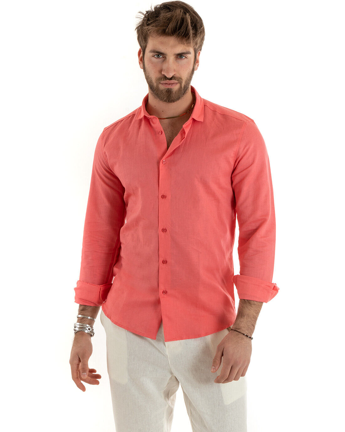 Camicia Uomo Lino Collo Francese Casual Sartoriale Tinta Unita Corallo GIOSAL-C2724A
