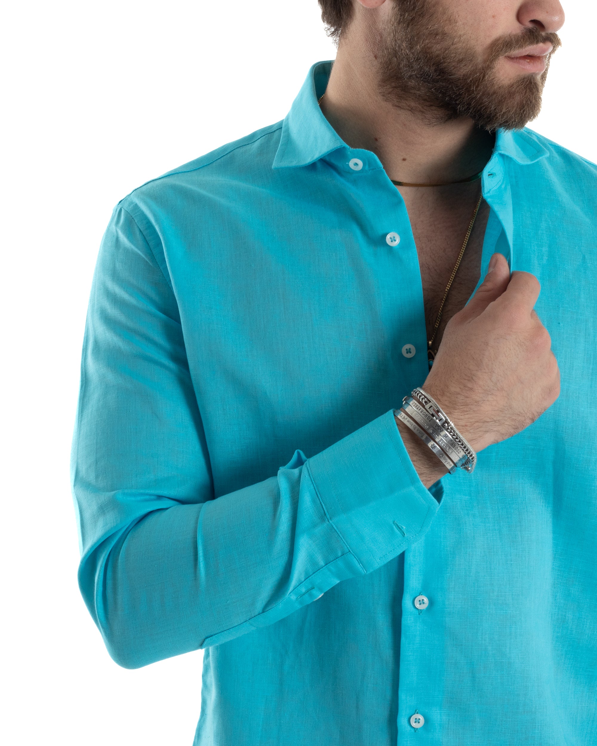 Camicia Uomo Lino Collo Francese Casual Sartoriale Tinta Unita Turchese GIOSAL-C2726A