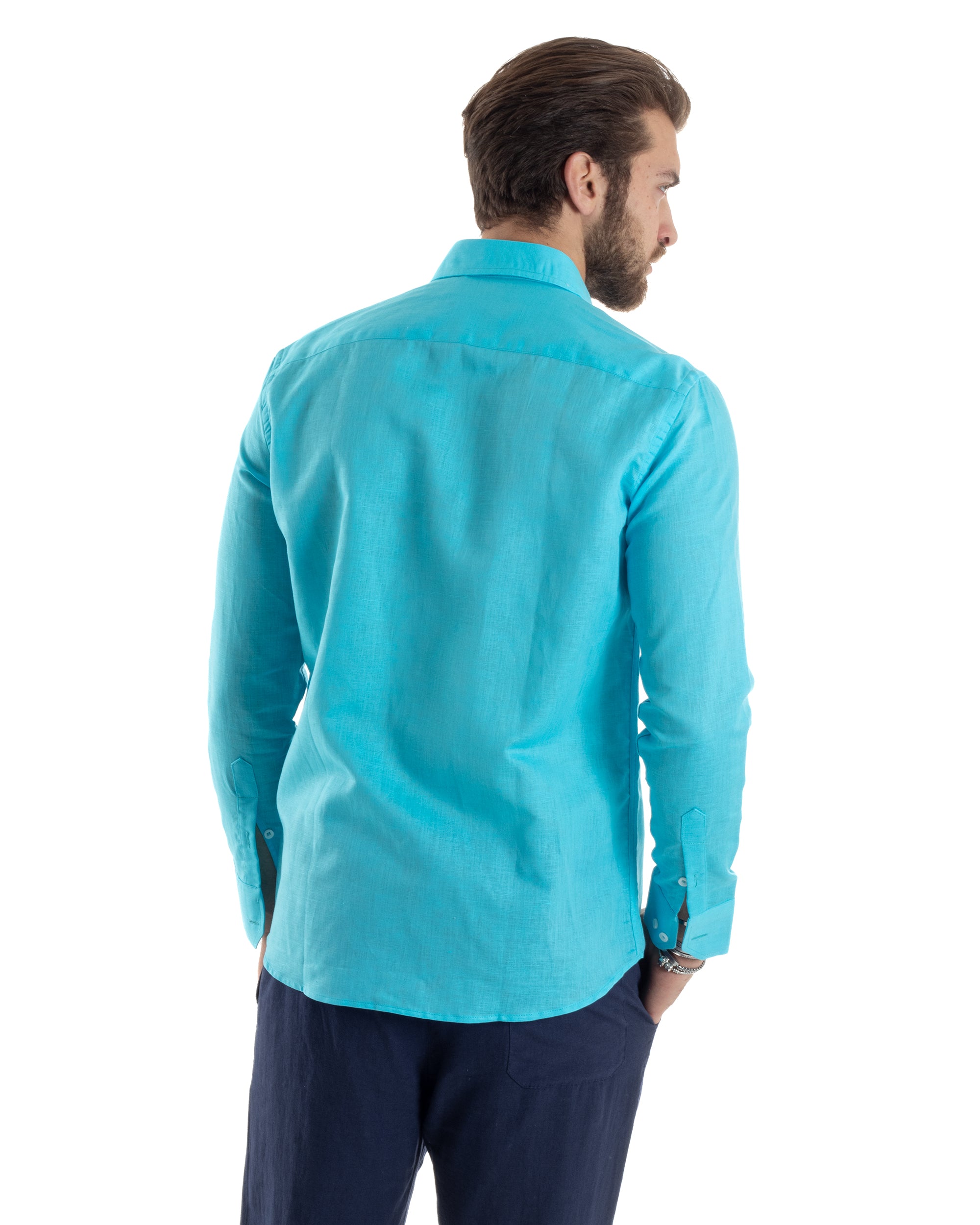 Camicia Uomo Lino Collo Francese Casual Sartoriale Tinta Unita Turchese GIOSAL-C2726A