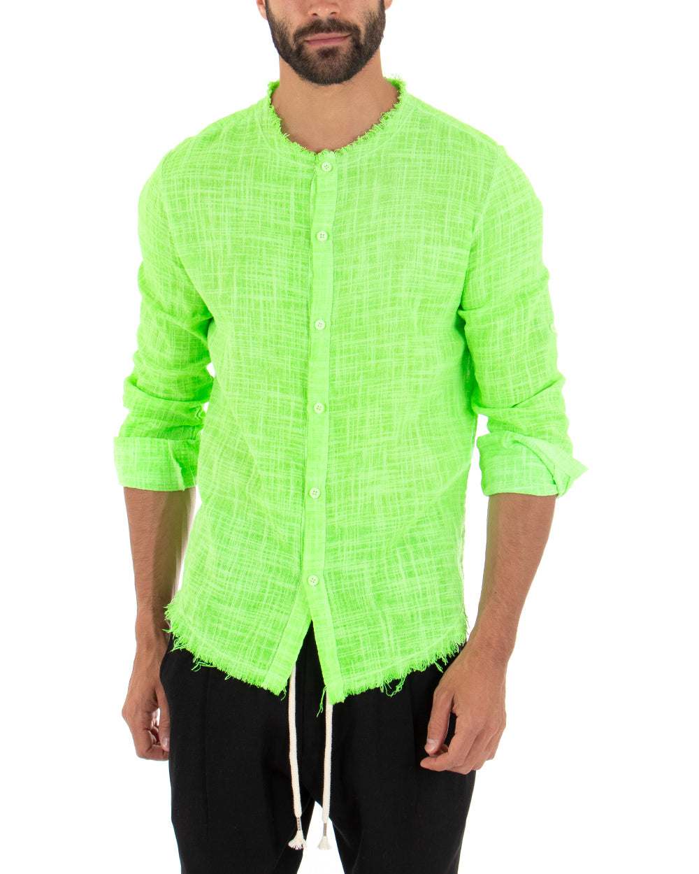 Camicia Uomo Sfrangiata Tinta Unita Verde Fluo Manica Lunga Casual Cotone Lino GIOSAL-C2731A