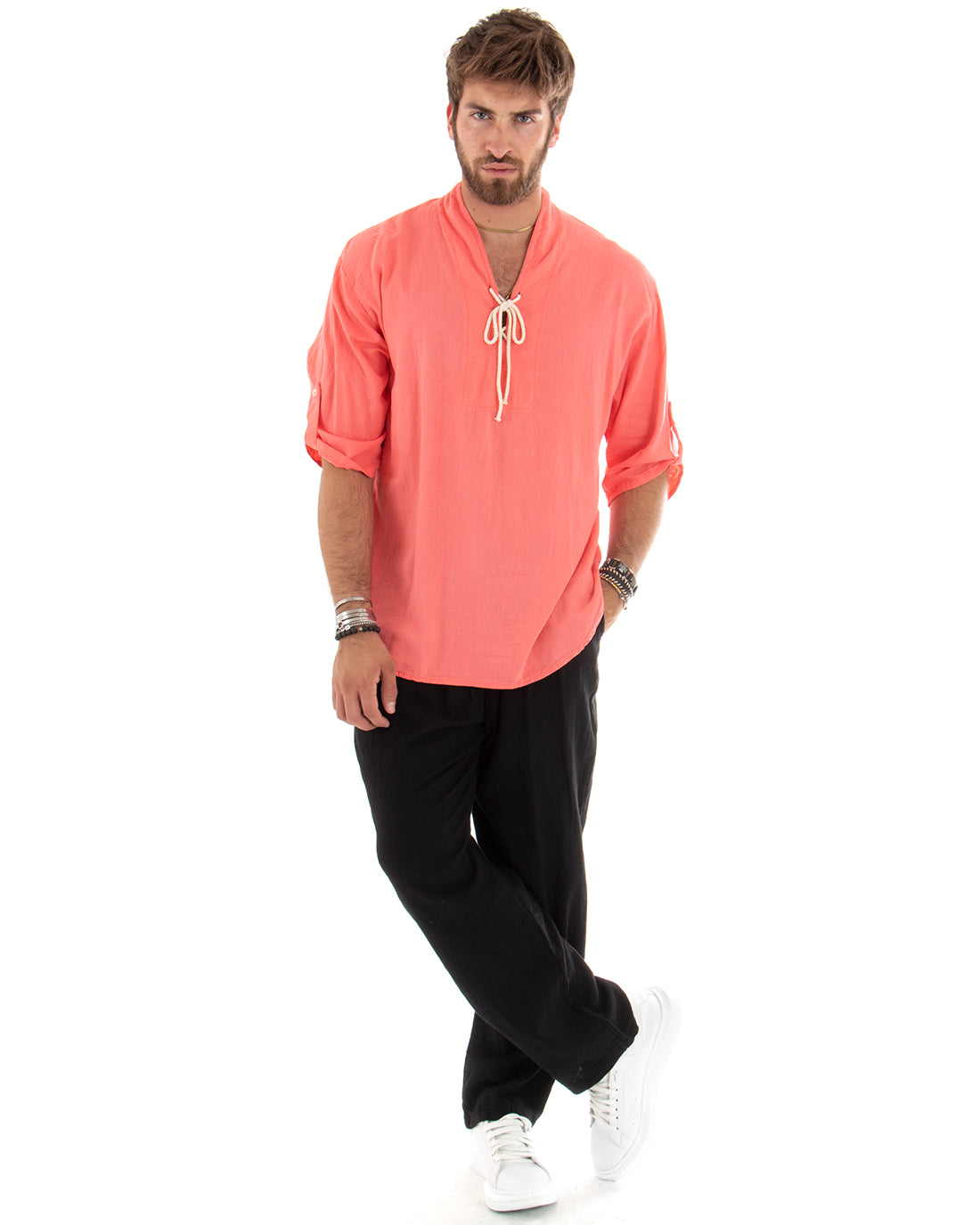 Men's Linen Shirt Solid Color Tunic 3/4 Sleeve V-Neck with Laces Casual Coral GIOSAL-C2739A