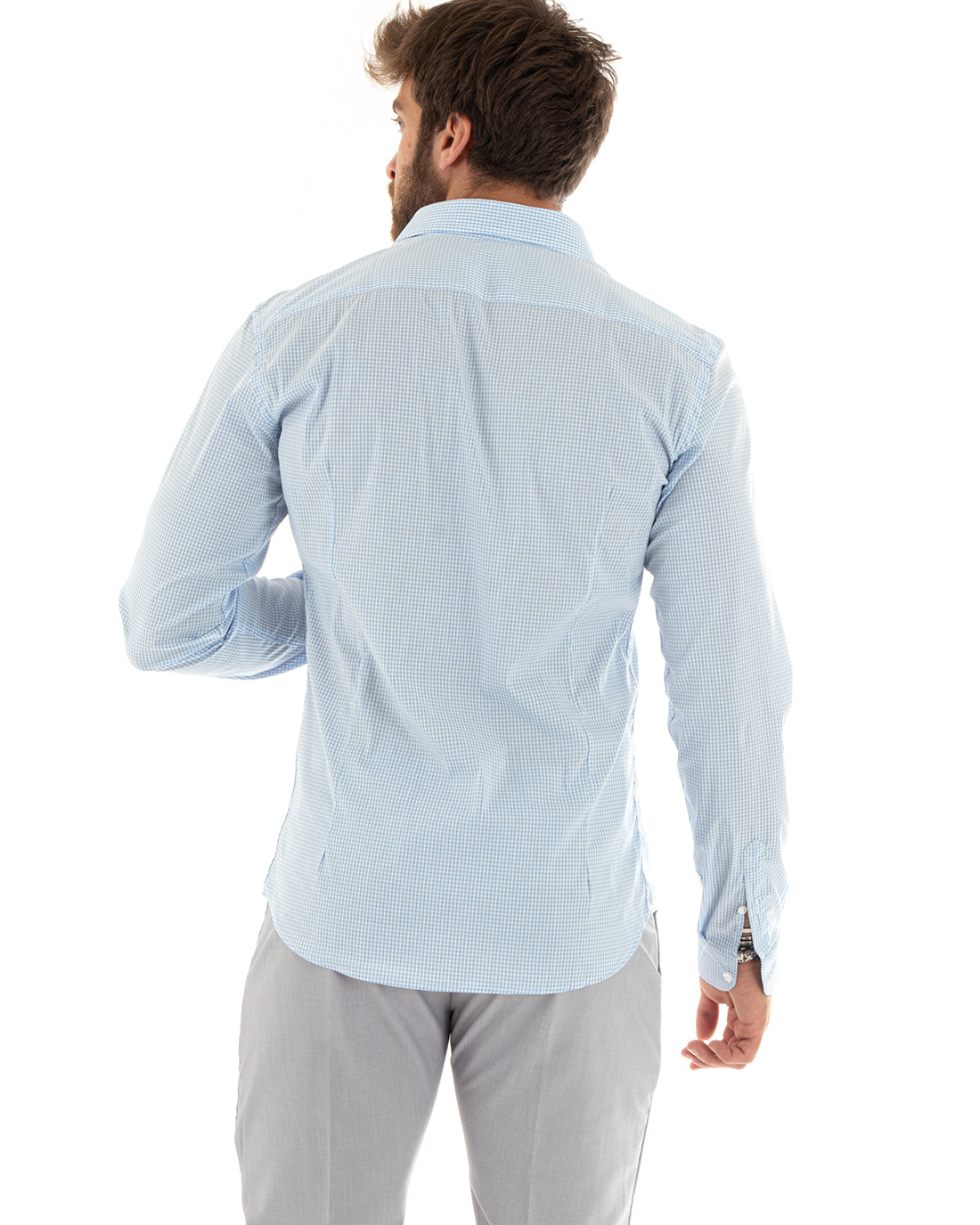 Camicia Uomo Con Colletto Francese Manica Lunga Quadretti Azzurro GIOSAL-C2746A