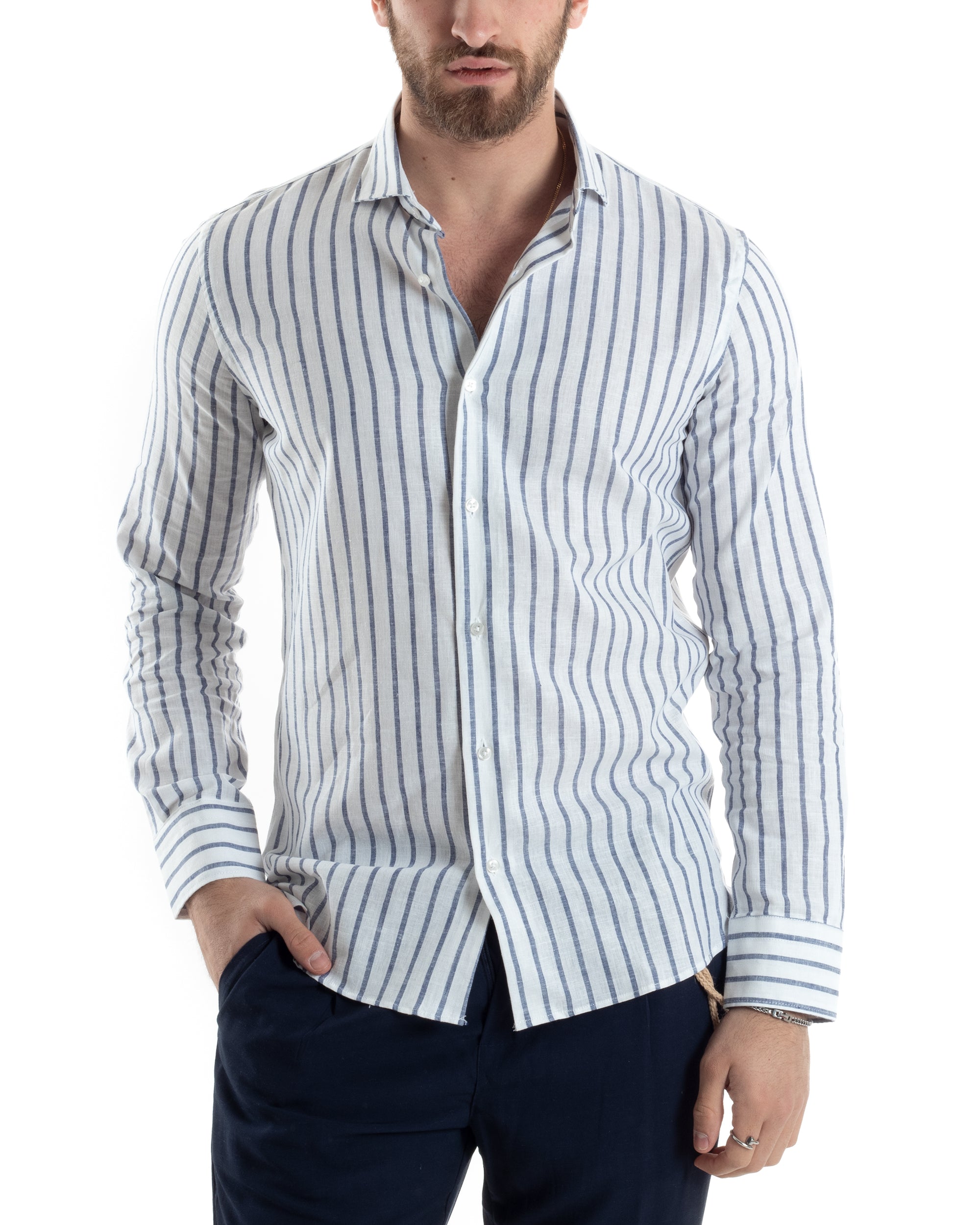 Camicia Uomo Con Colletto Francese Maniche Lunghe Lino Riga Stretta Casual Blu GIOSAL-C2748A
