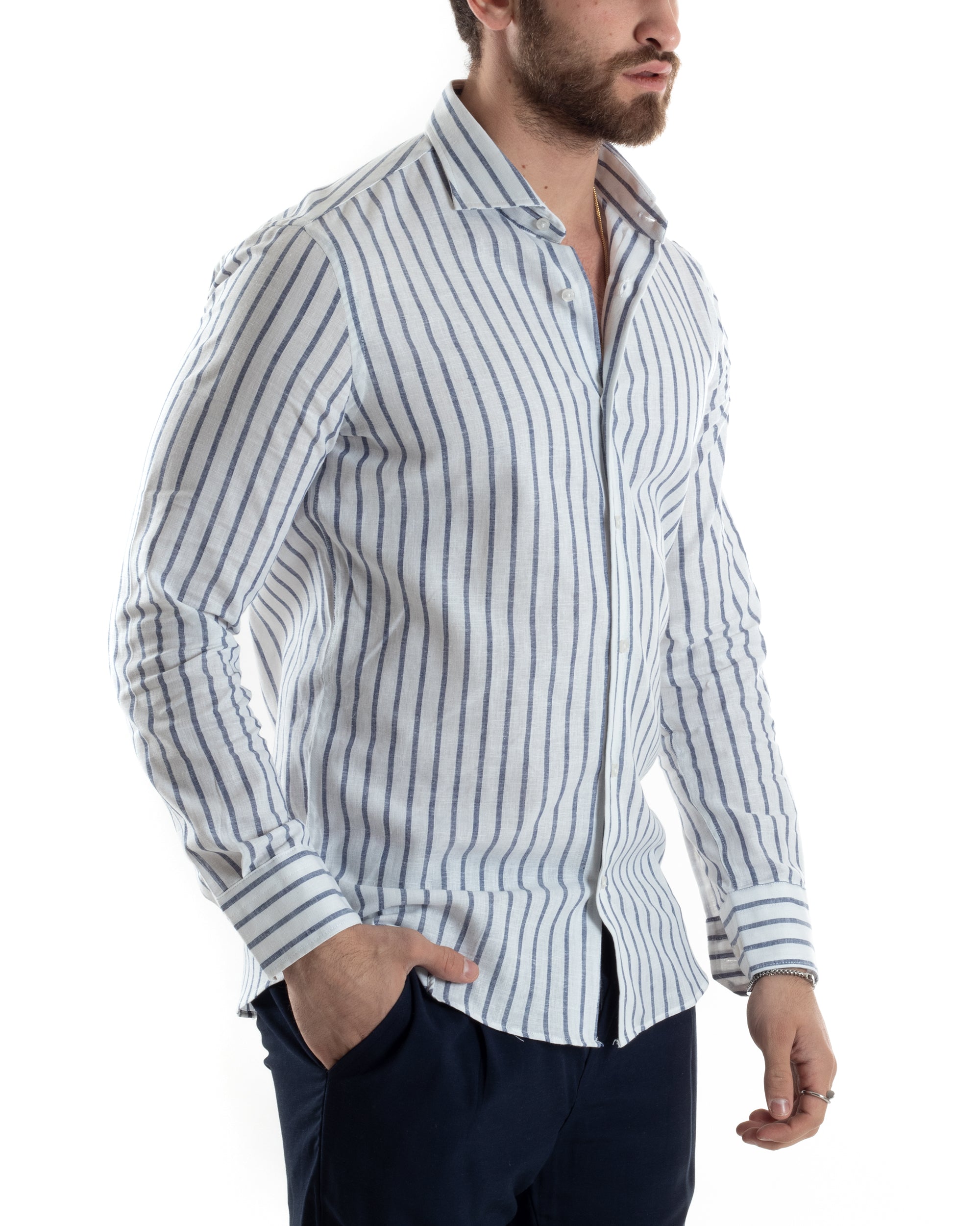 Camicia Uomo Con Colletto Francese Maniche Lunghe Lino Riga Stretta Casual Blu GIOSAL-C2748A