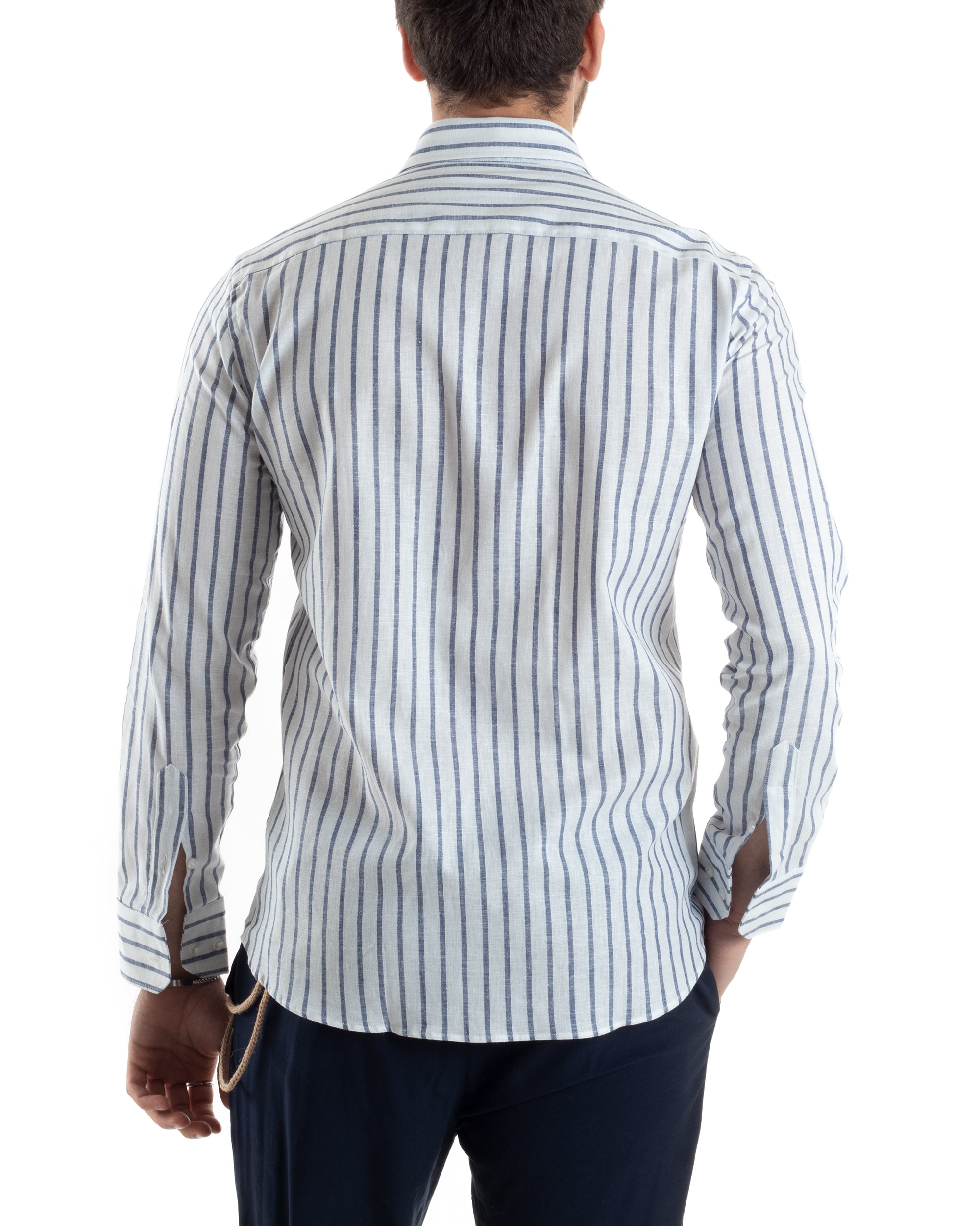 Camicia Uomo Con Colletto Francese Maniche Lunghe Lino Riga Stretta Casual Blu GIOSAL-C2748A