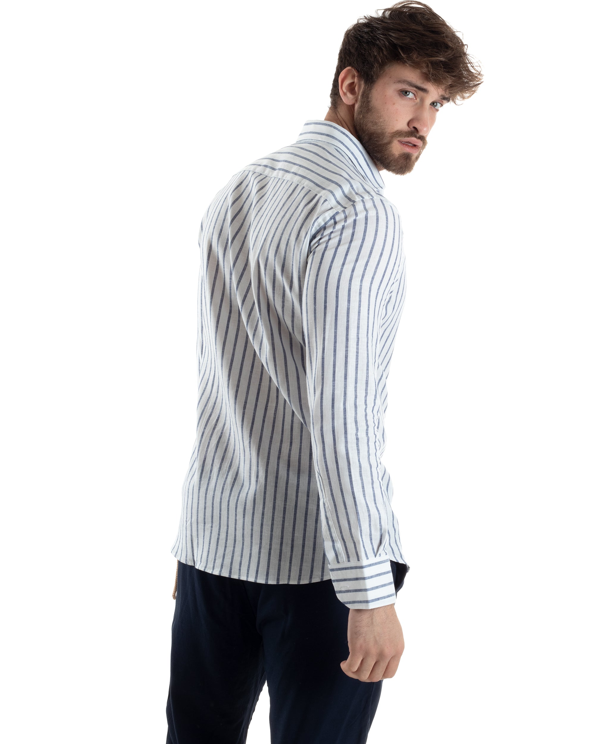 Camicia Uomo Con Colletto Francese Maniche Lunghe Lino Riga Stretta Casual Blu GIOSAL-C2748A