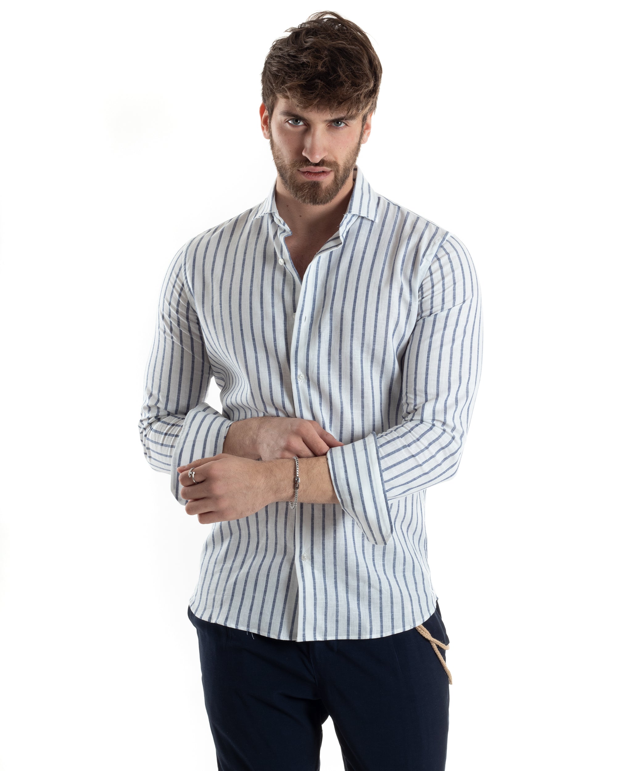 Camicia Uomo Con Colletto Francese Maniche Lunghe Lino Riga Stretta Casual Blu GIOSAL-C2748A