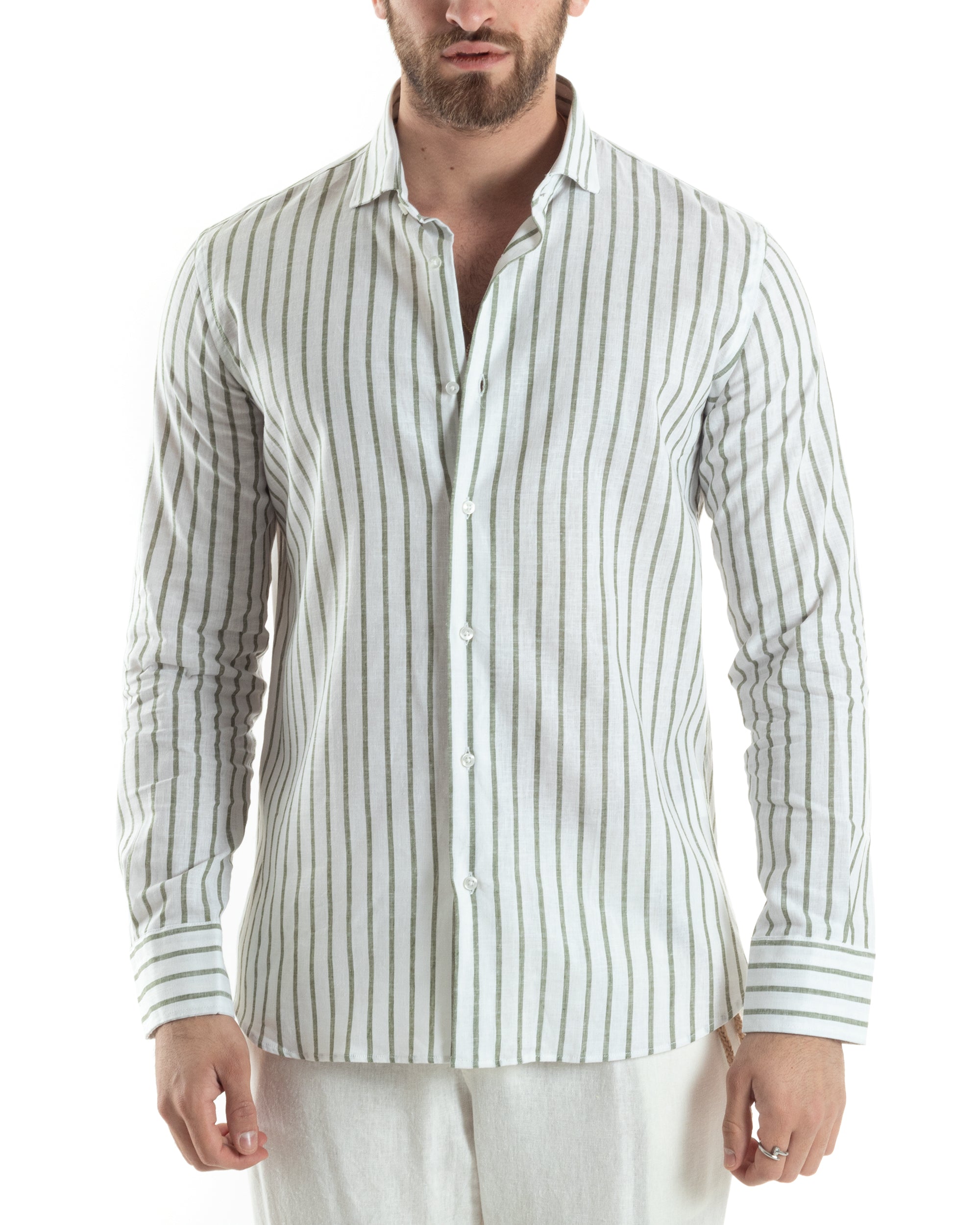 Camicia Uomo Con Colletto Francese Maniche Lunghe Lino Riga Stretta Casual Verde GIOSAL-C2749A
