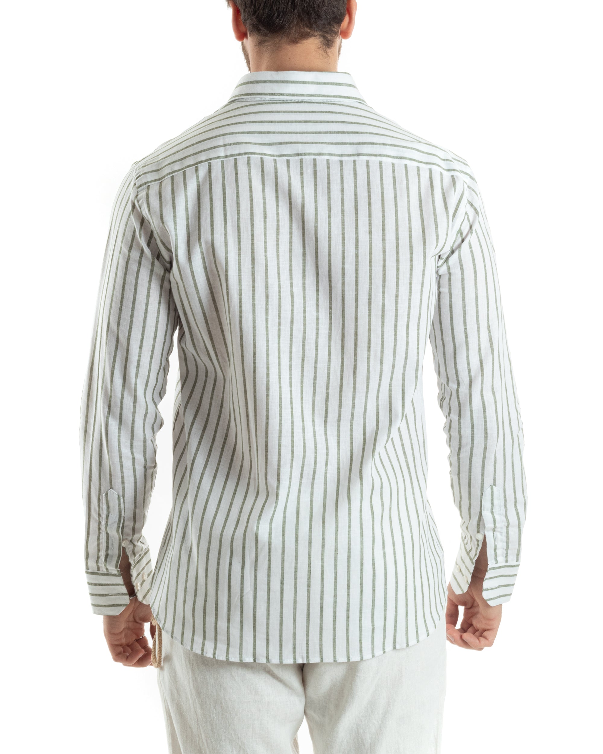 Camicia Uomo Con Colletto Francese Maniche Lunghe Lino Riga Stretta Casual Verde GIOSAL-C2749A